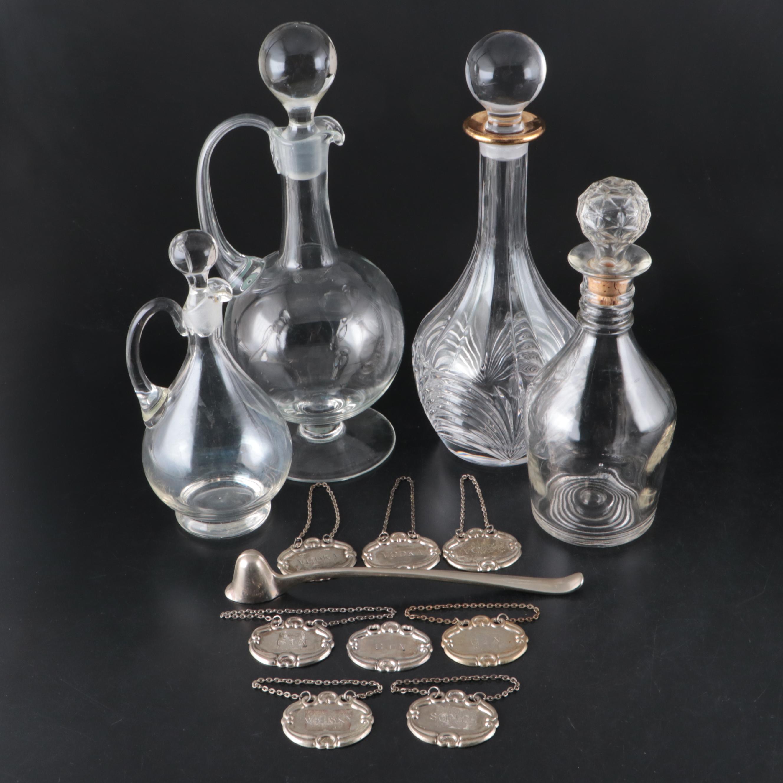 Glass Decanters with Metal Decanter Tags and Candle Snuffer