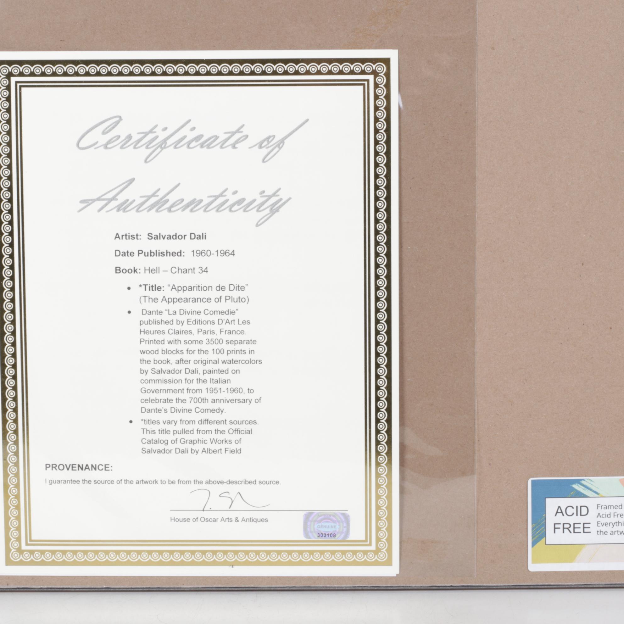 Salvador Dalí Wood Engraving "Apparition de Dite," 1960-1964