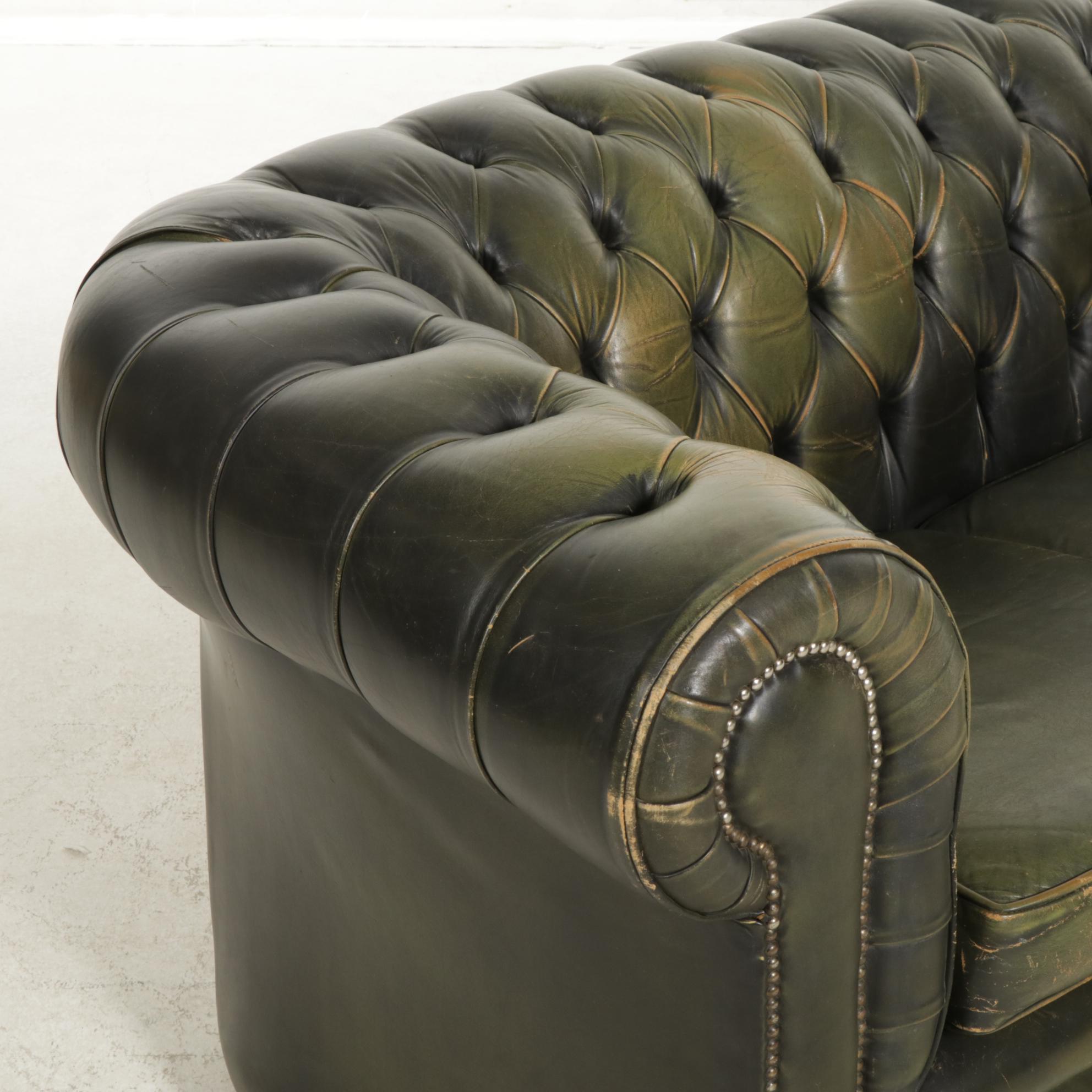 Chesterfield Style Green Leather Sofa, Early to Mid-20th Century