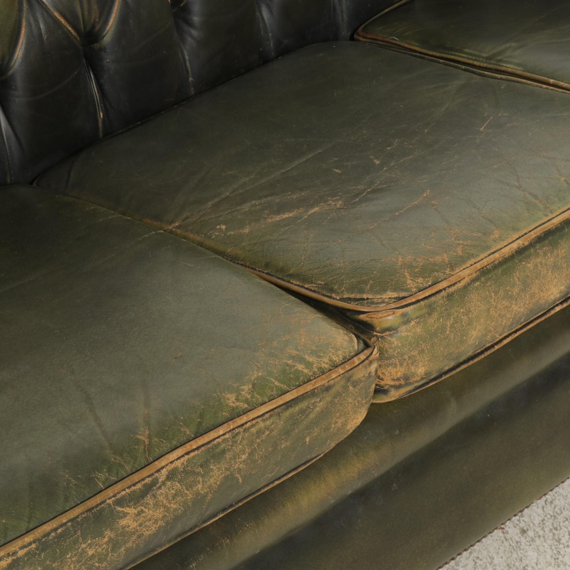 Chesterfield Style Green Leather Sofa, Early to Mid-20th Century