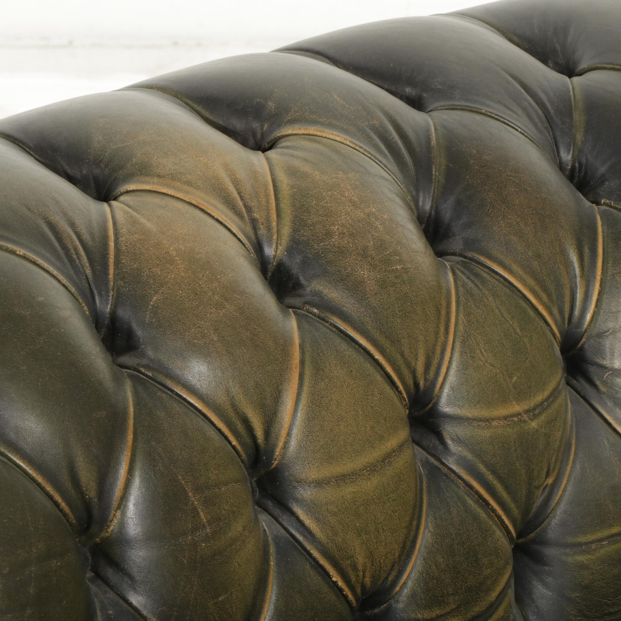 Chesterfield Style Green Leather Sofa, Early to Mid-20th Century