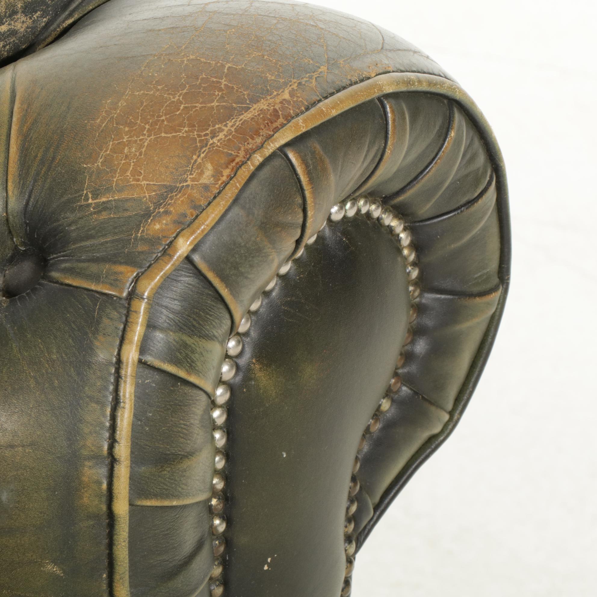 Chesterfield Style Green Leather Sofa, Early to Mid-20th Century
