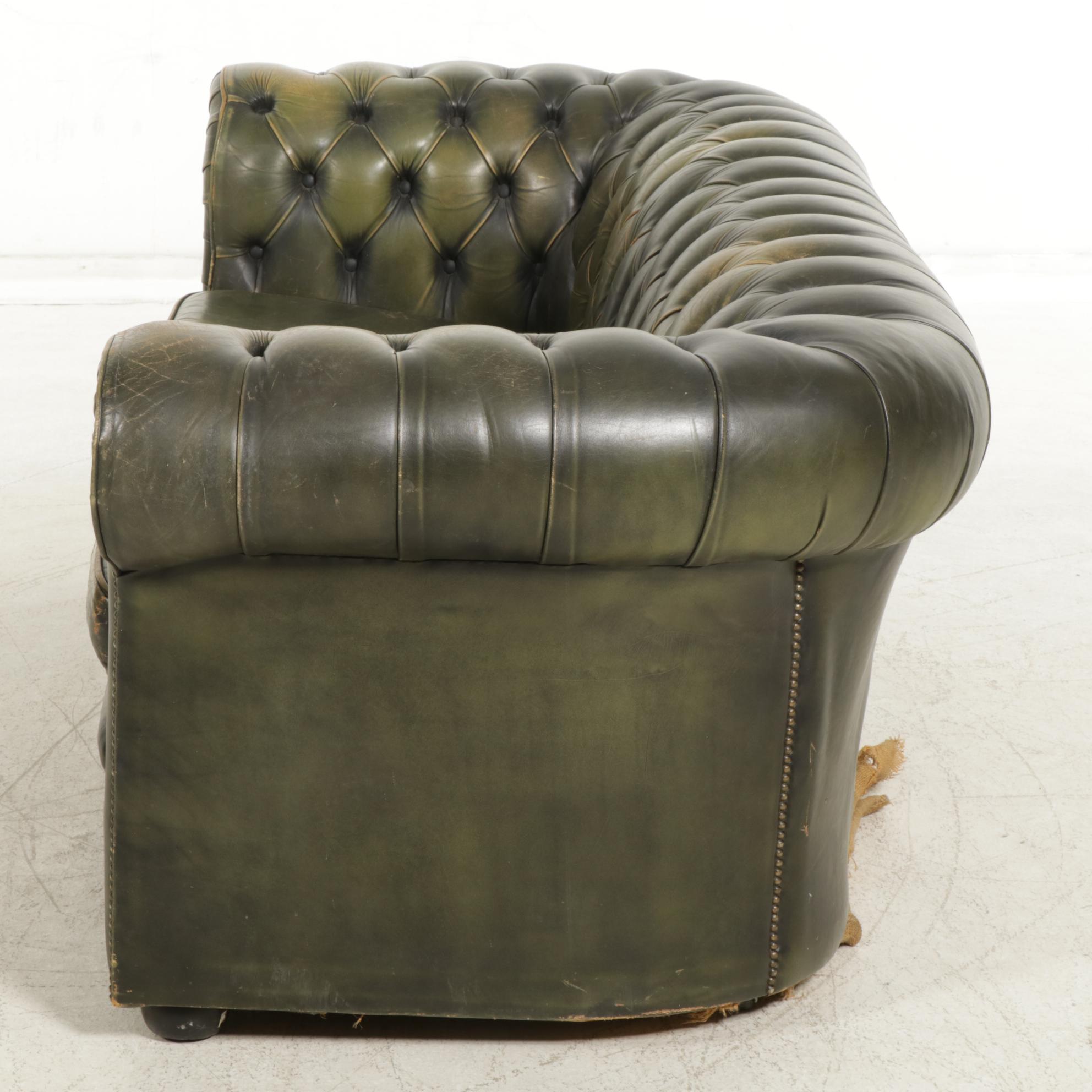Chesterfield Style Green Leather Sofa, Early to Mid-20th Century