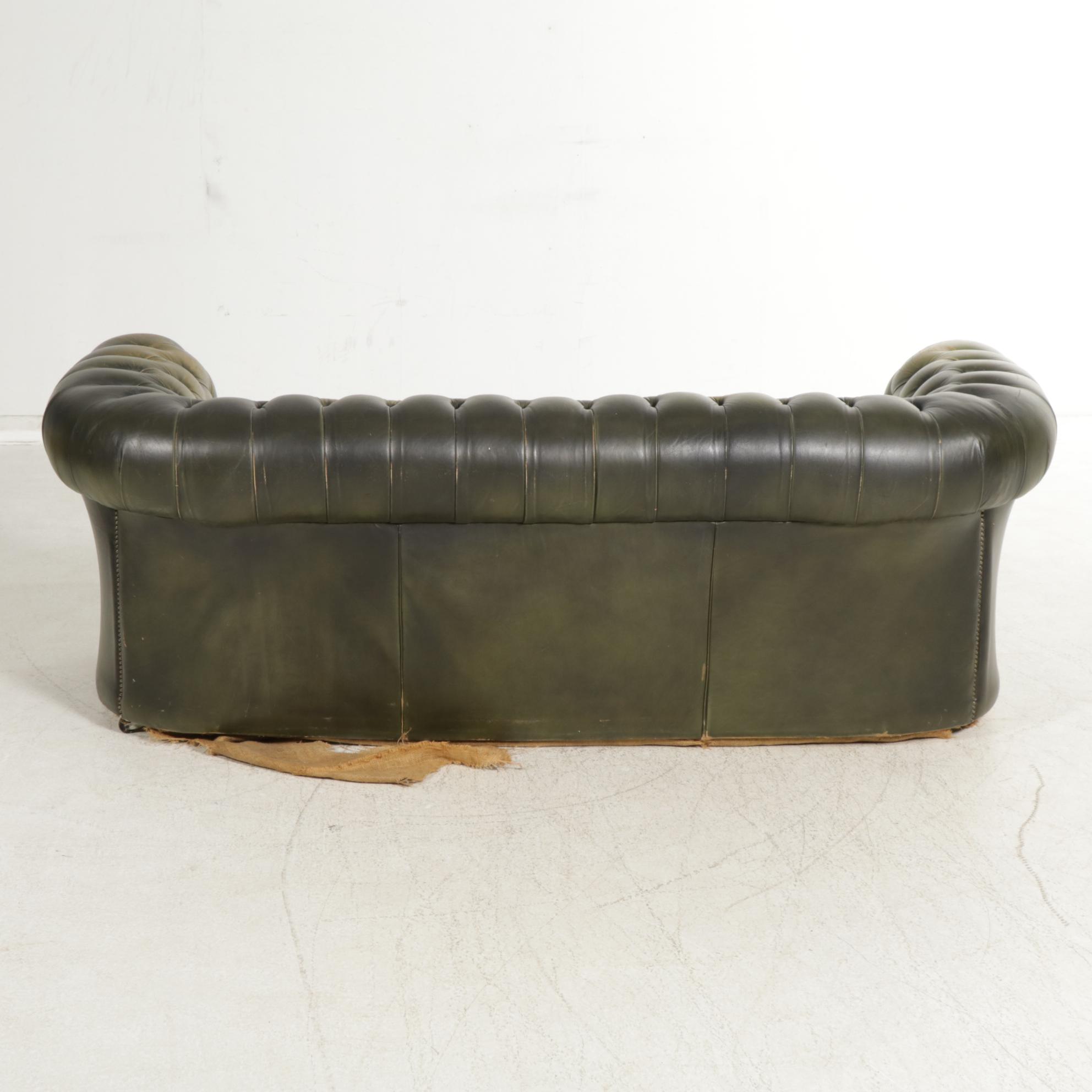 Chesterfield Style Green Leather Sofa, Early to Mid-20th Century