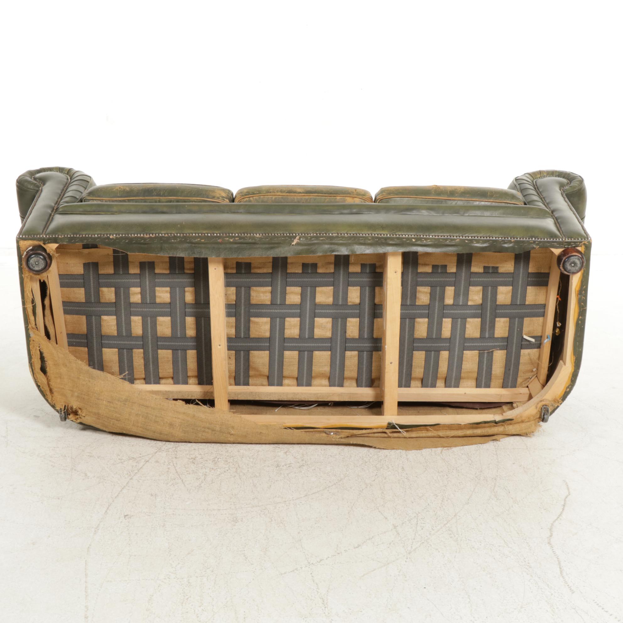 Chesterfield Style Green Leather Sofa, Early to Mid-20th Century
