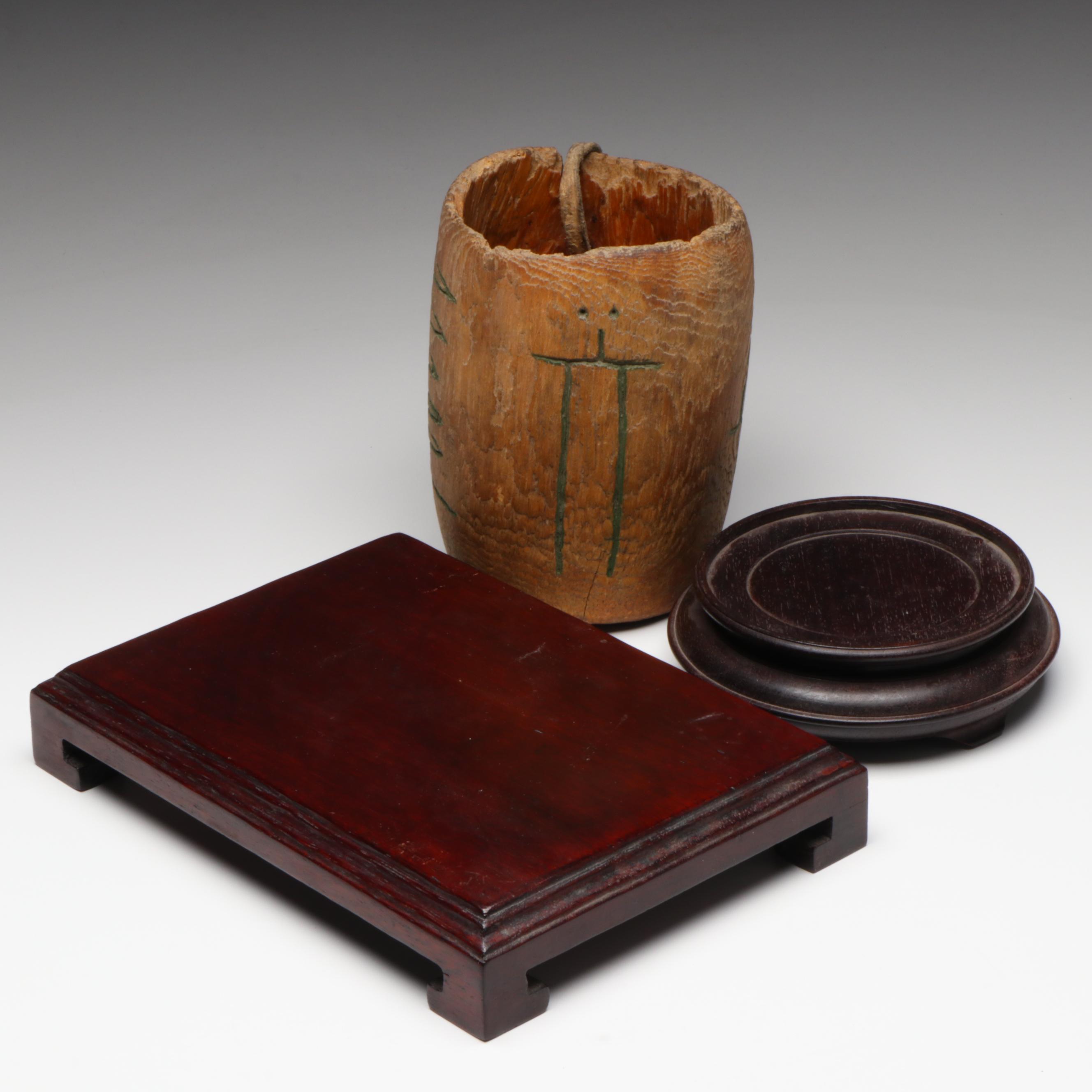 Antique Japanese Carved Pine Cup with Chinese Wood Stands