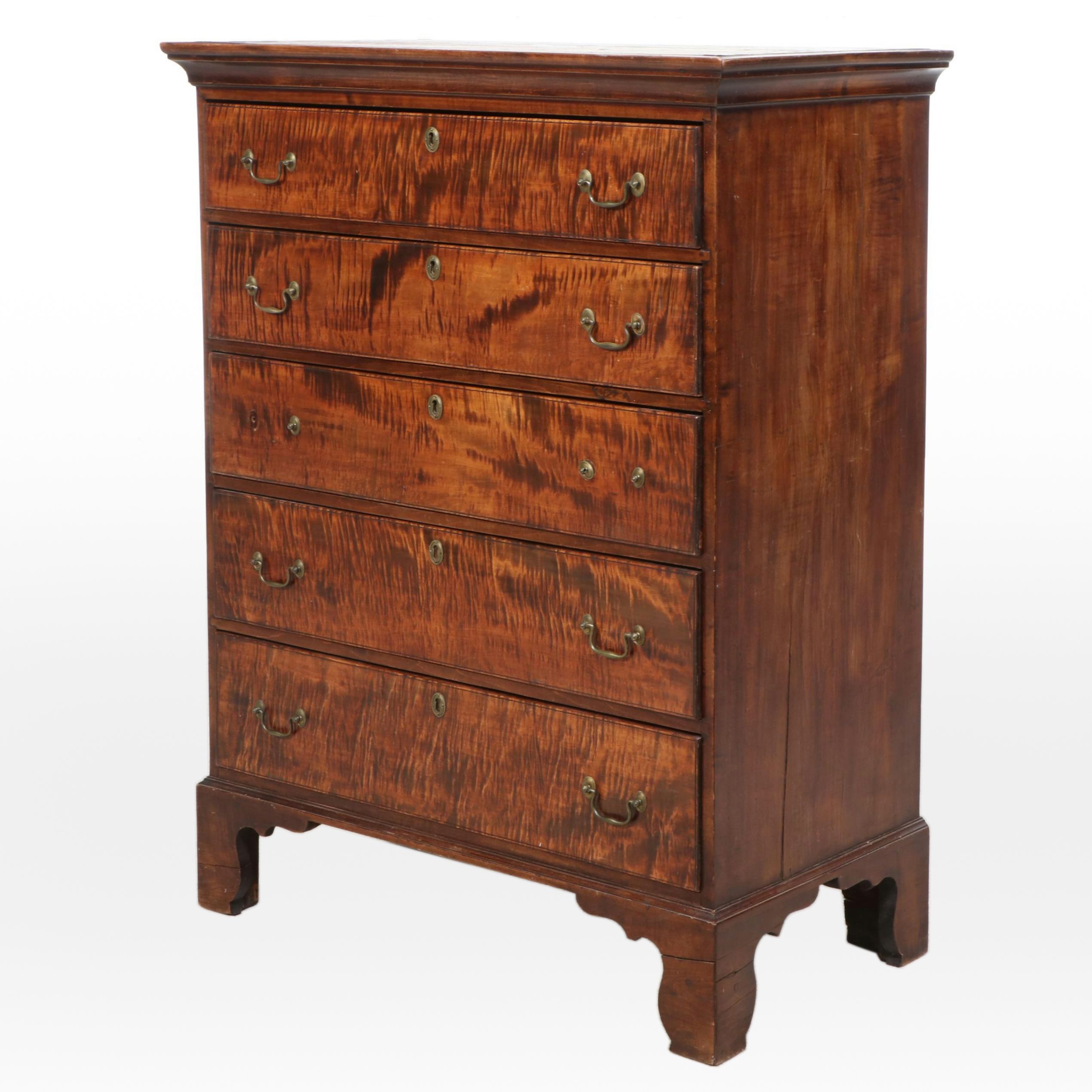 Antique American Chippendale Tiger Maple Five-Drawer Chest, Late 18th Century