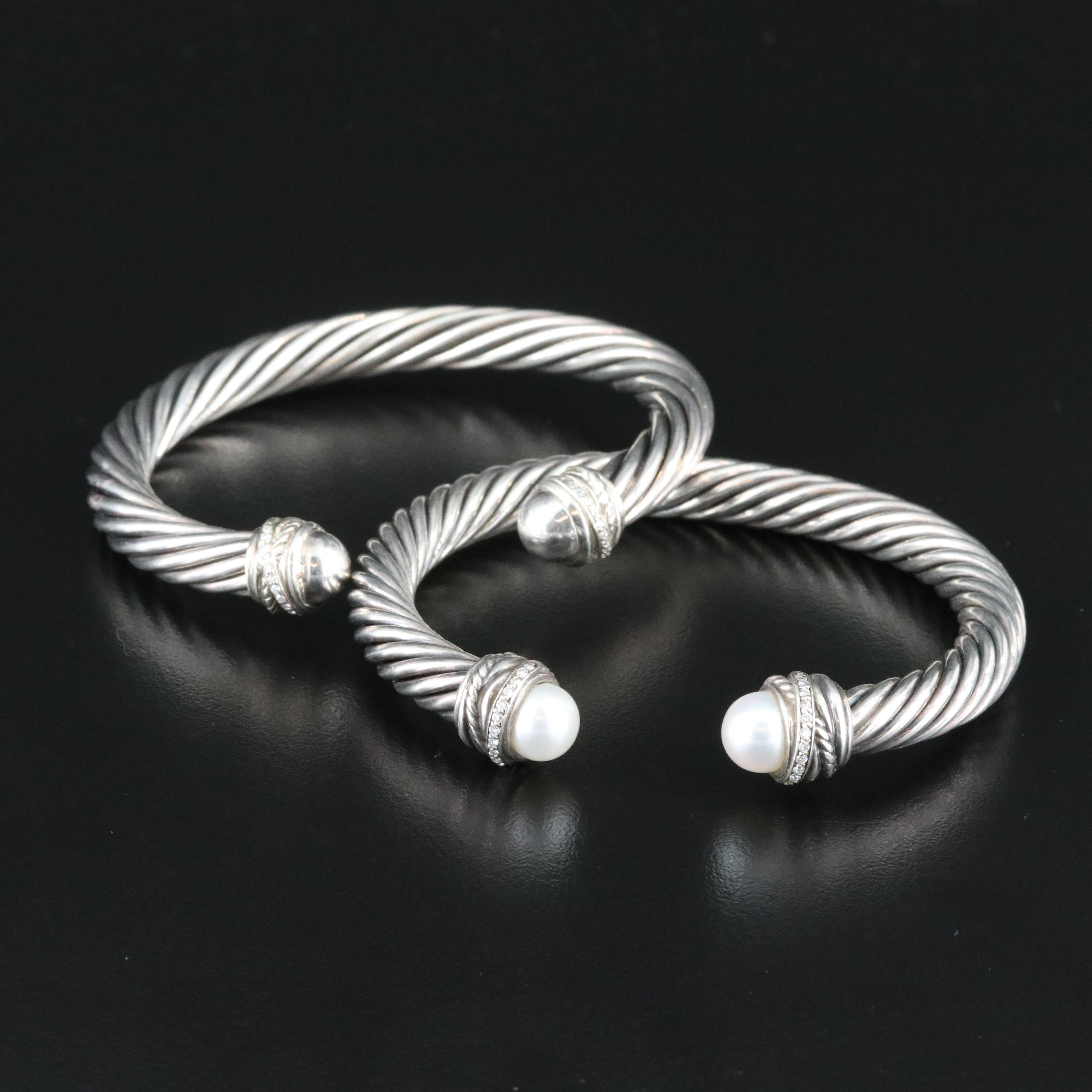 David Yurman Sterling Cable Pearl and 0.33 CTW Diamond Cuff Bracelets