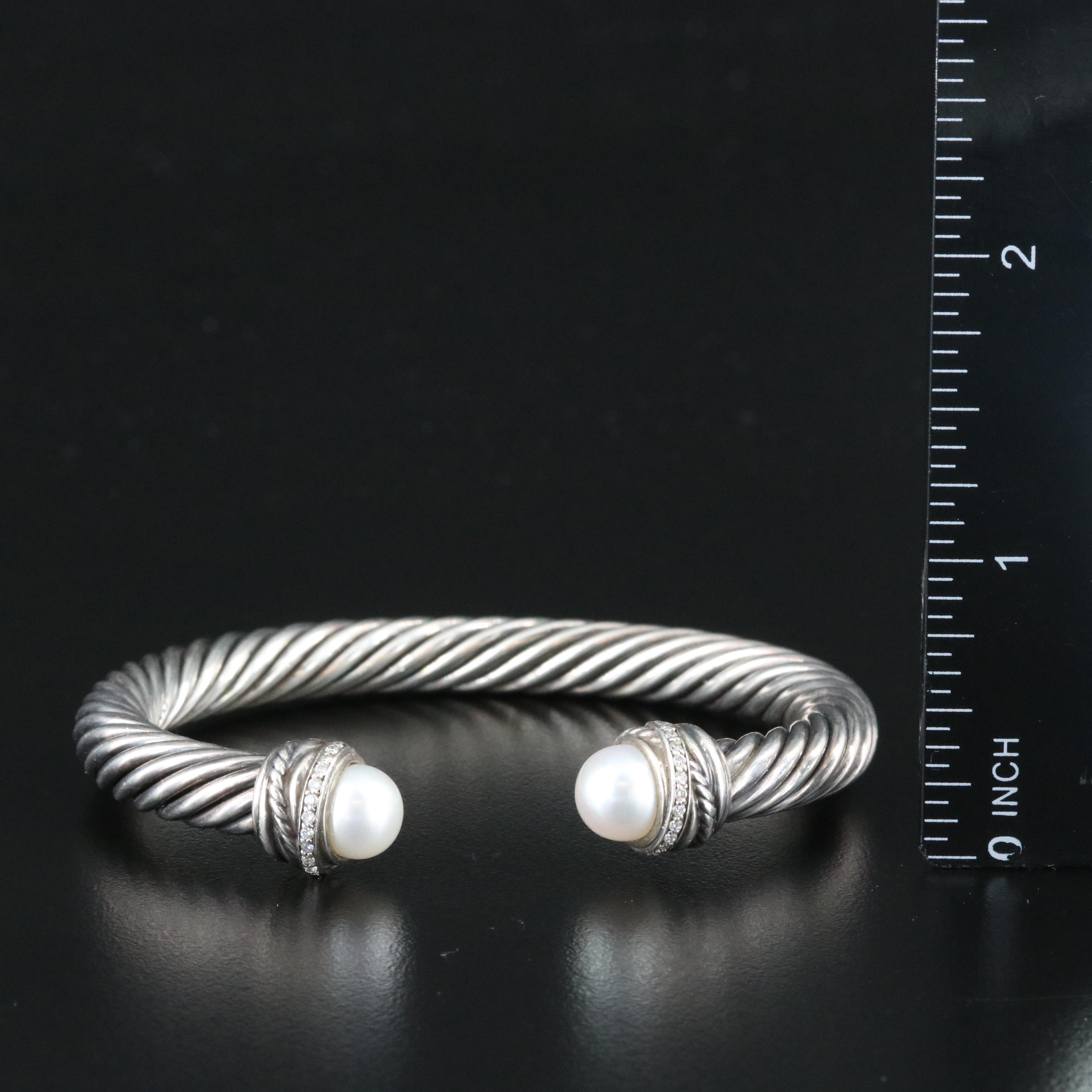 David Yurman Sterling Cable Pearl and 0.33 CTW Diamond Cuff Bracelets