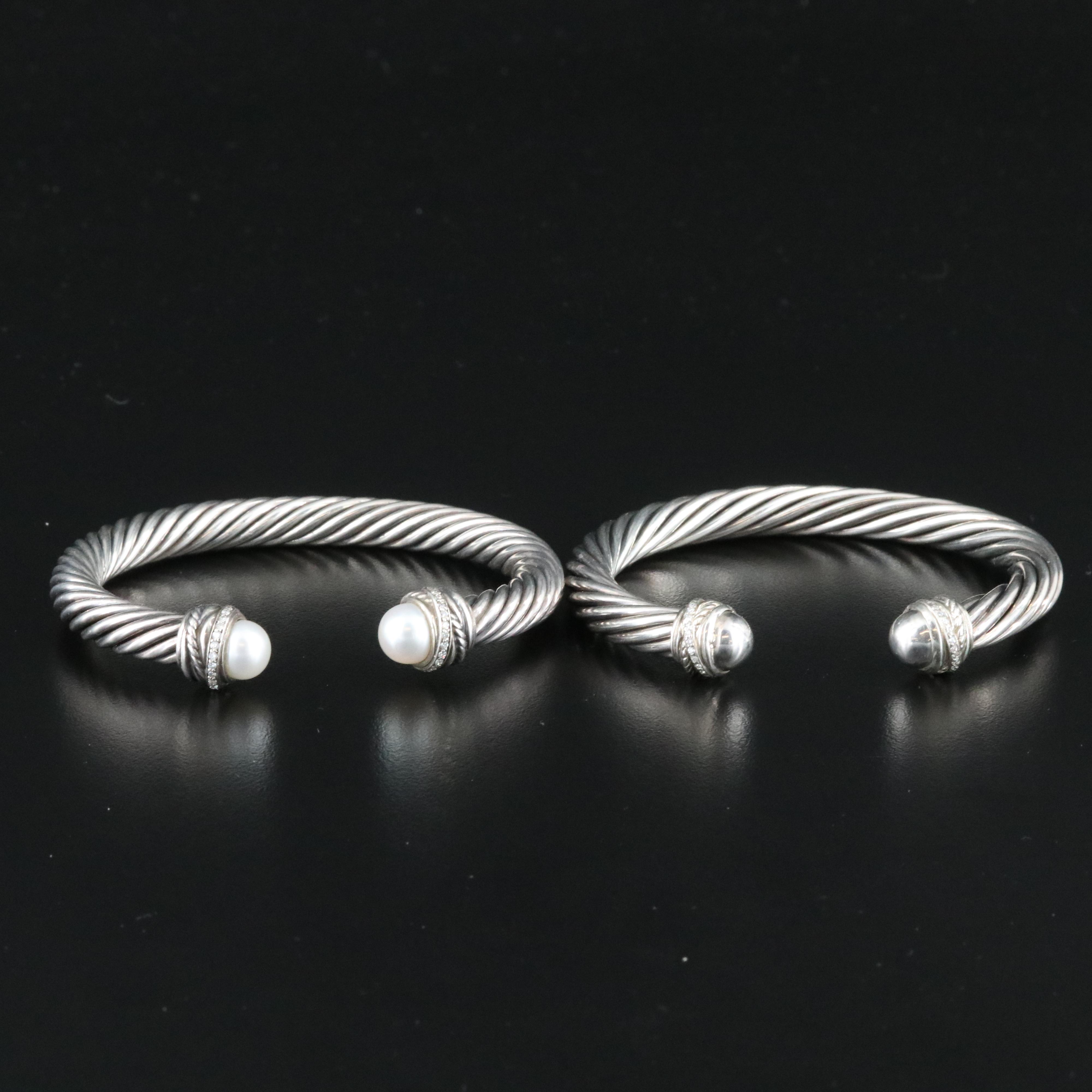 David Yurman Sterling Cable Pearl and 0.33 CTW Diamond Cuff Bracelets