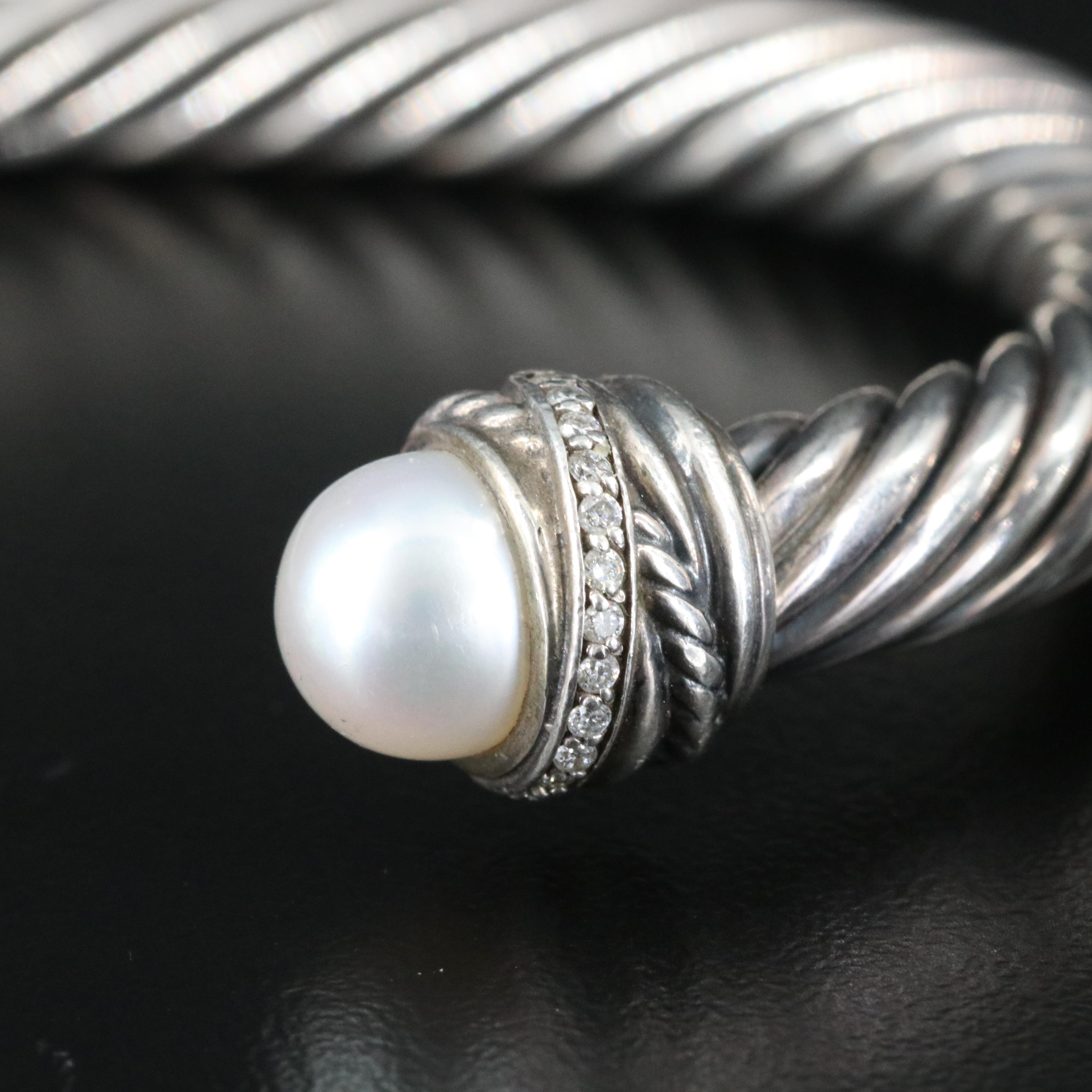 David Yurman Sterling Cable Pearl and 0.33 CTW Diamond Cuff Bracelets