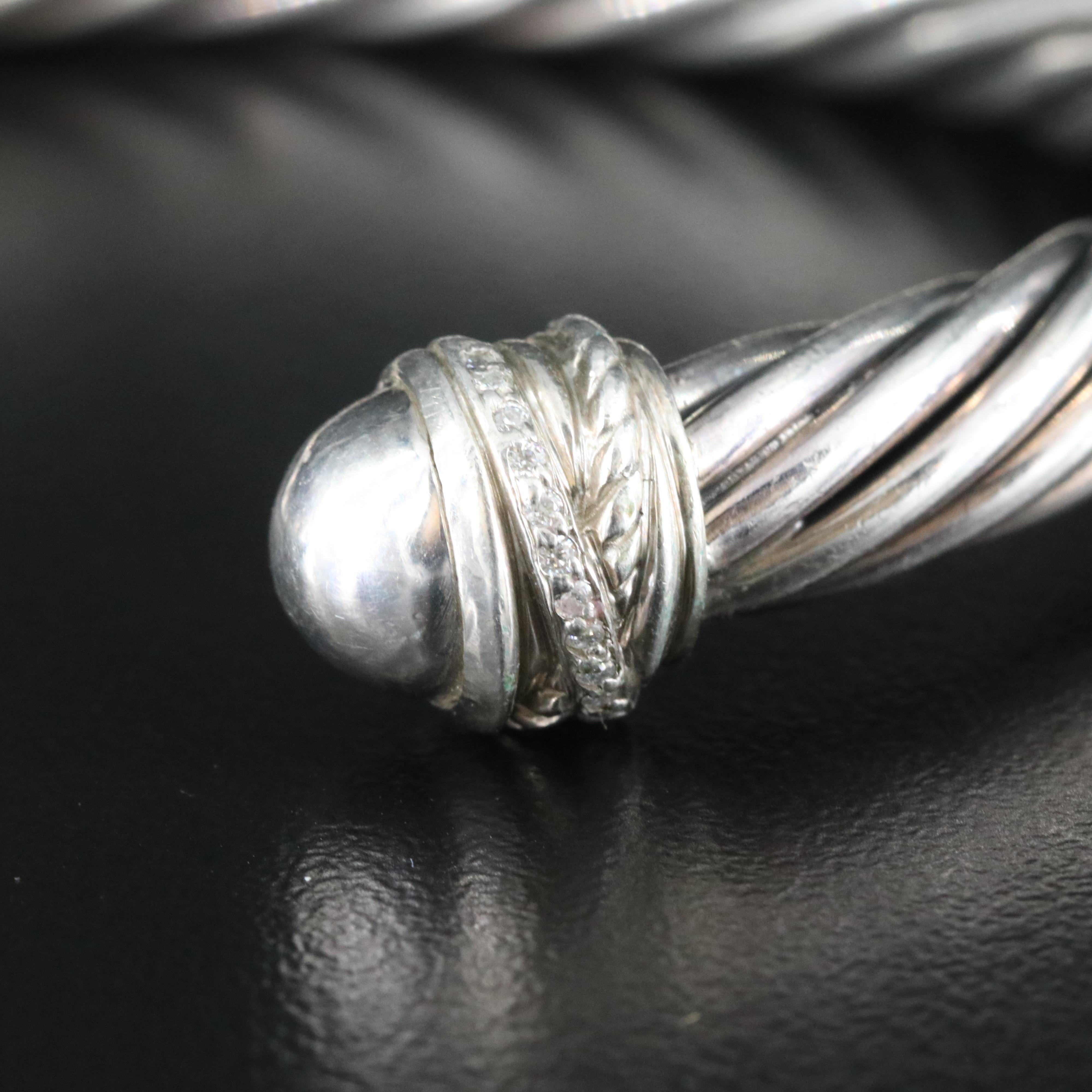 David Yurman Sterling Cable Pearl and 0.33 CTW Diamond Cuff Bracelets