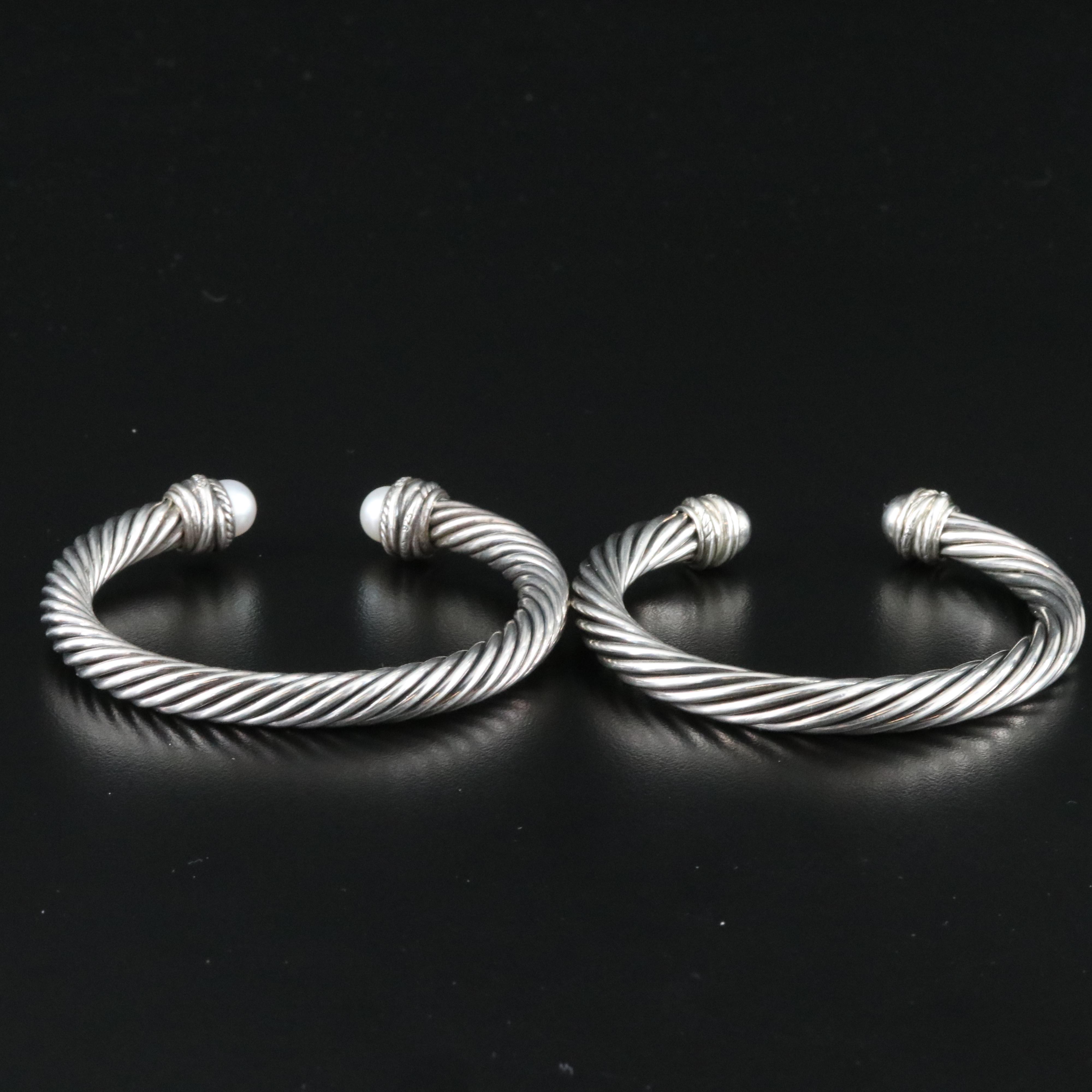 David Yurman Sterling Cable Pearl and 0.33 CTW Diamond Cuff Bracelets