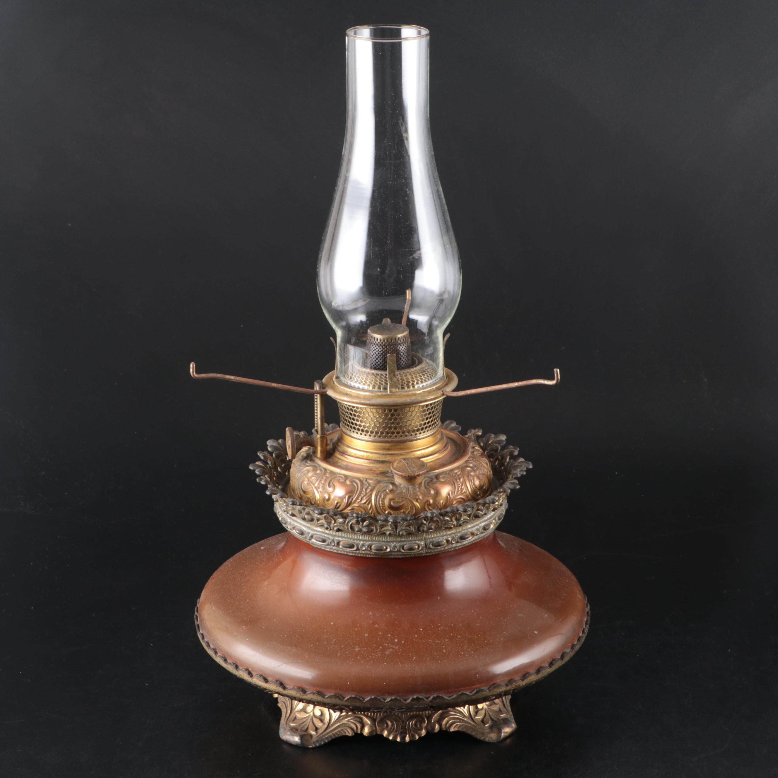 Bradley & Hubbard Gilt Bronze and Brown Glass Oil Lamp & Slag Glass Shade