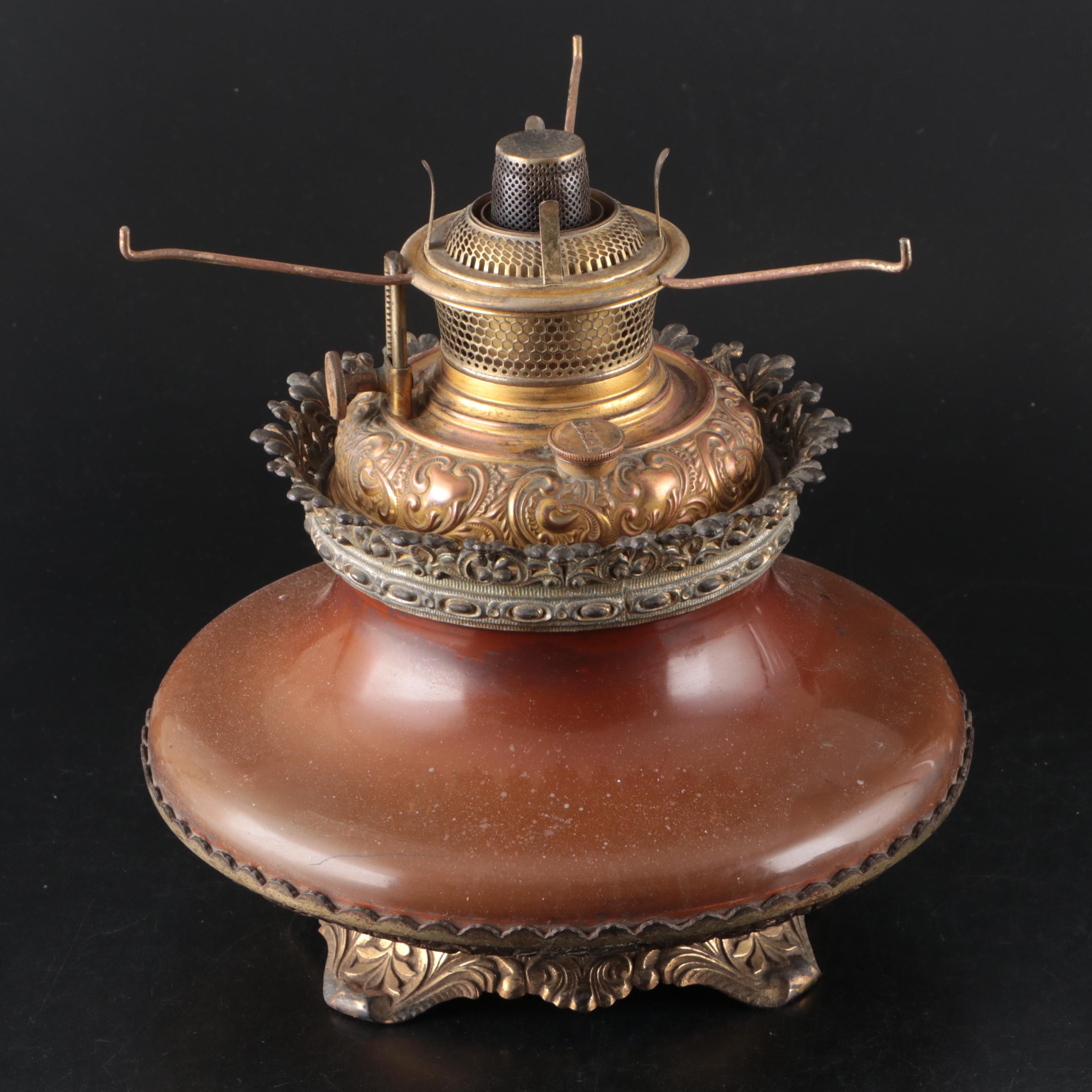 Bradley & Hubbard Gilt Bronze and Brown Glass Oil Lamp & Slag Glass Shade
