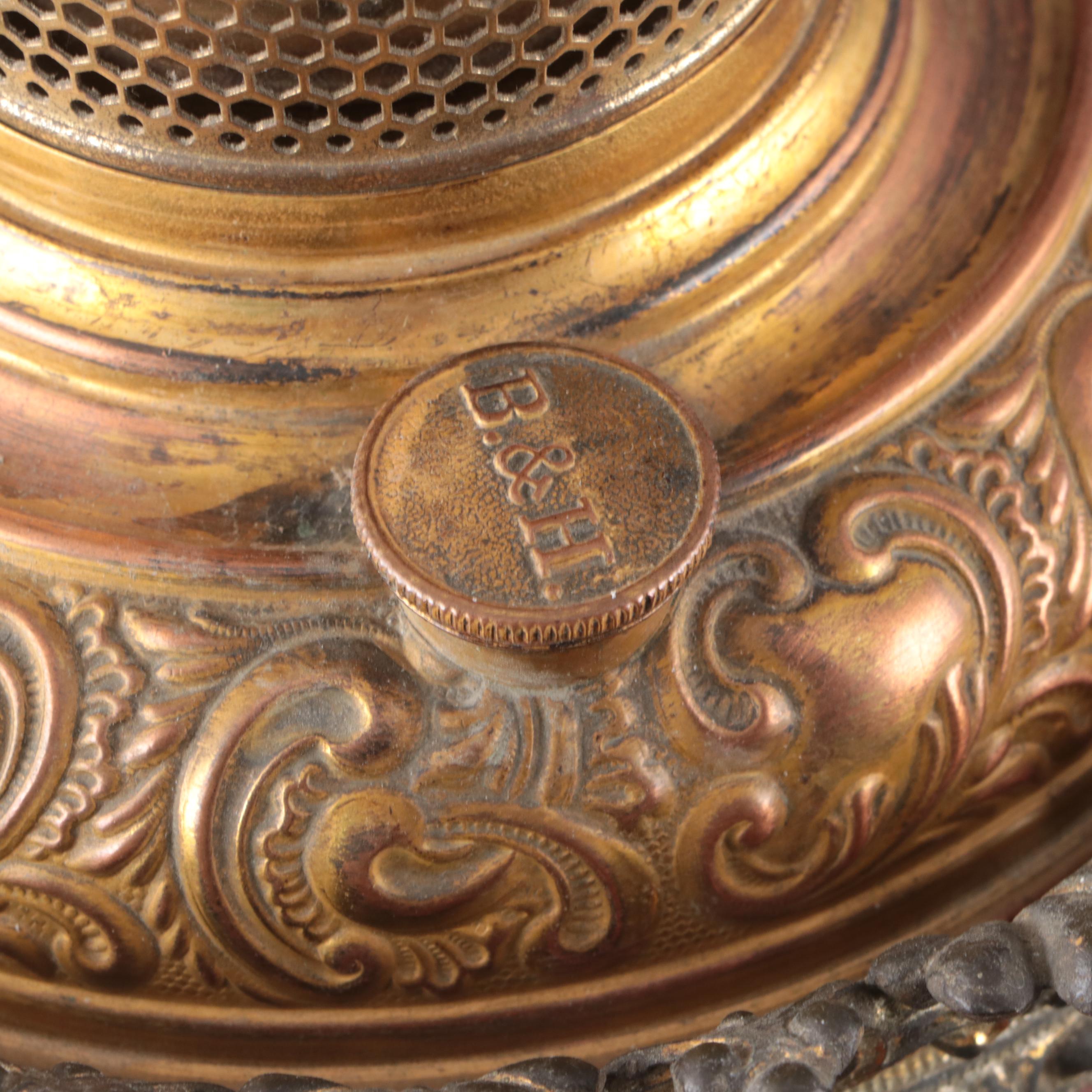 Bradley & Hubbard Gilt Bronze and Brown Glass Oil Lamp & Slag Glass Shade