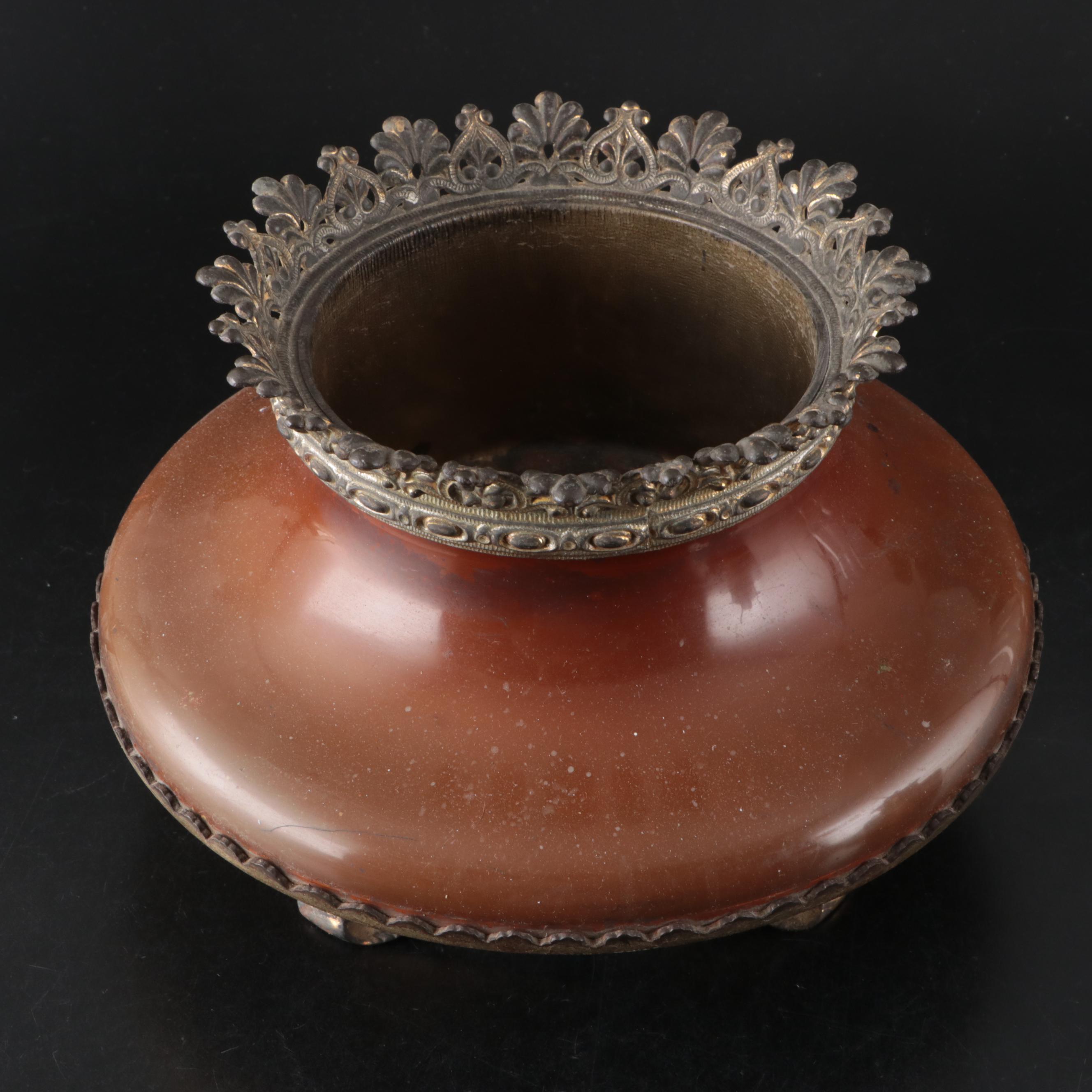 Bradley & Hubbard Gilt Bronze and Brown Glass Oil Lamp & Slag Glass Shade