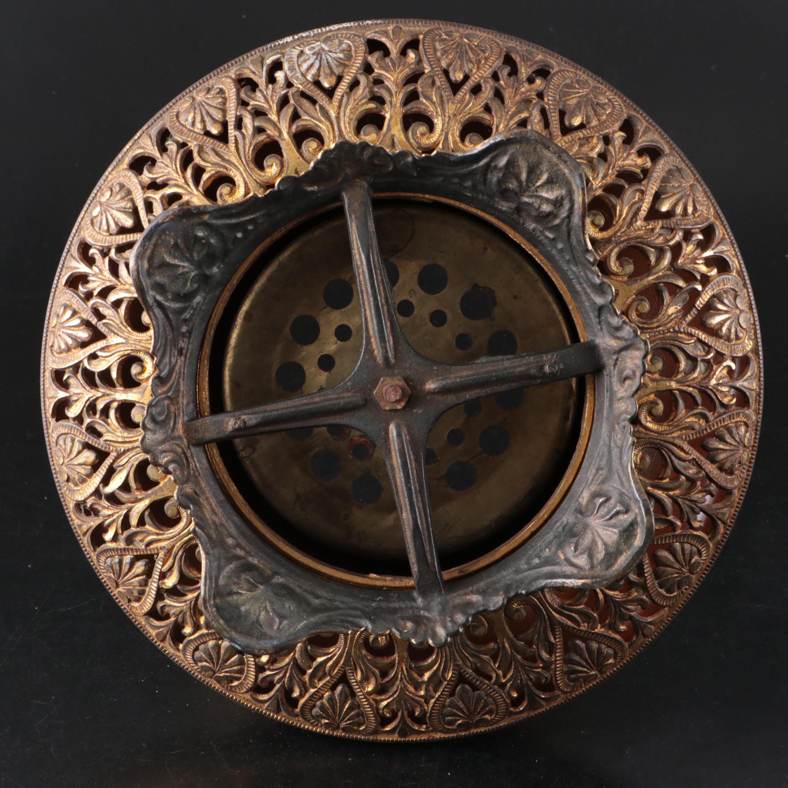 Bradley & Hubbard Gilt Bronze and Brown Glass Oil Lamp & Slag Glass Shade