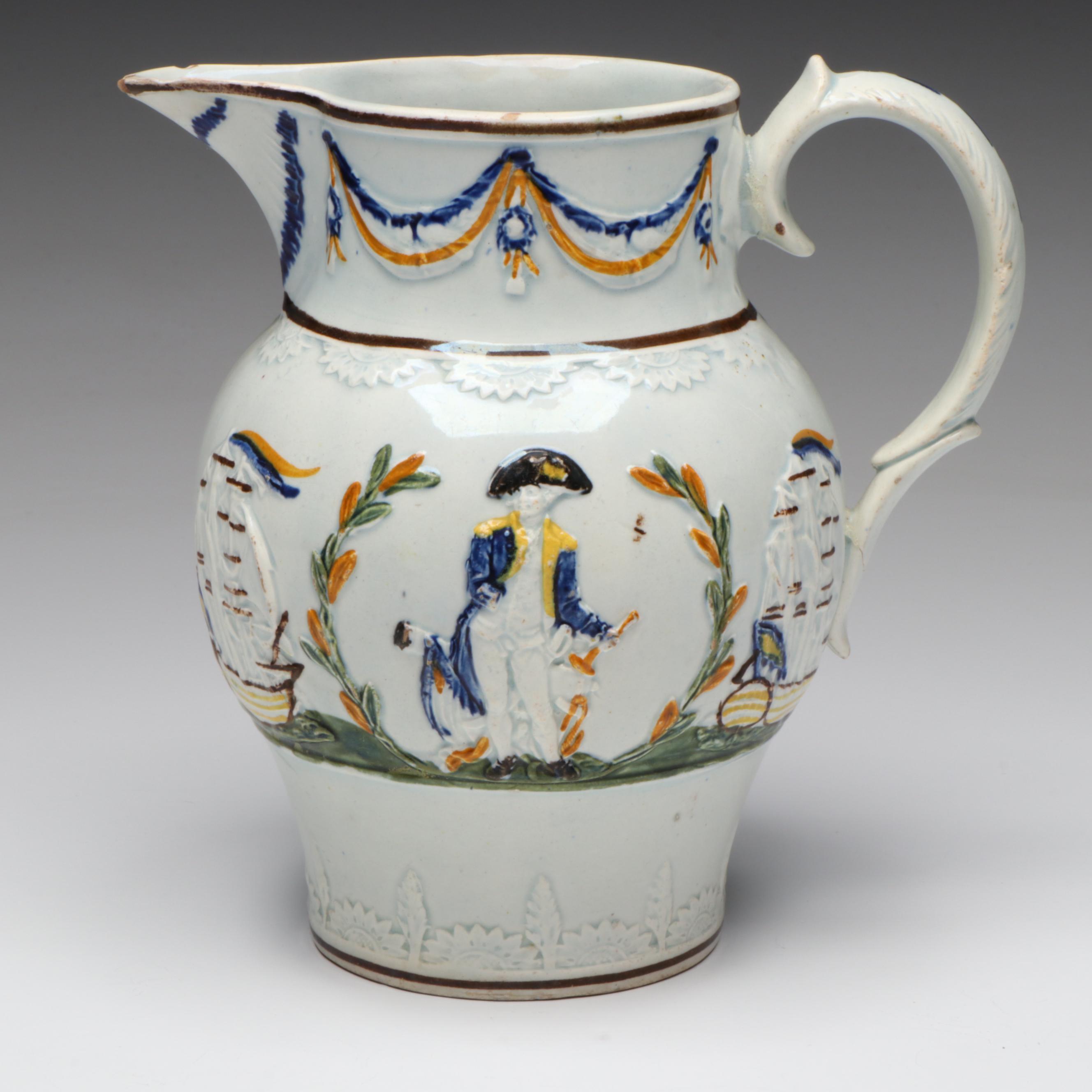 English Prattware Admiral Nelson and Ships Polychrome Ceramic Jug, 19th C.