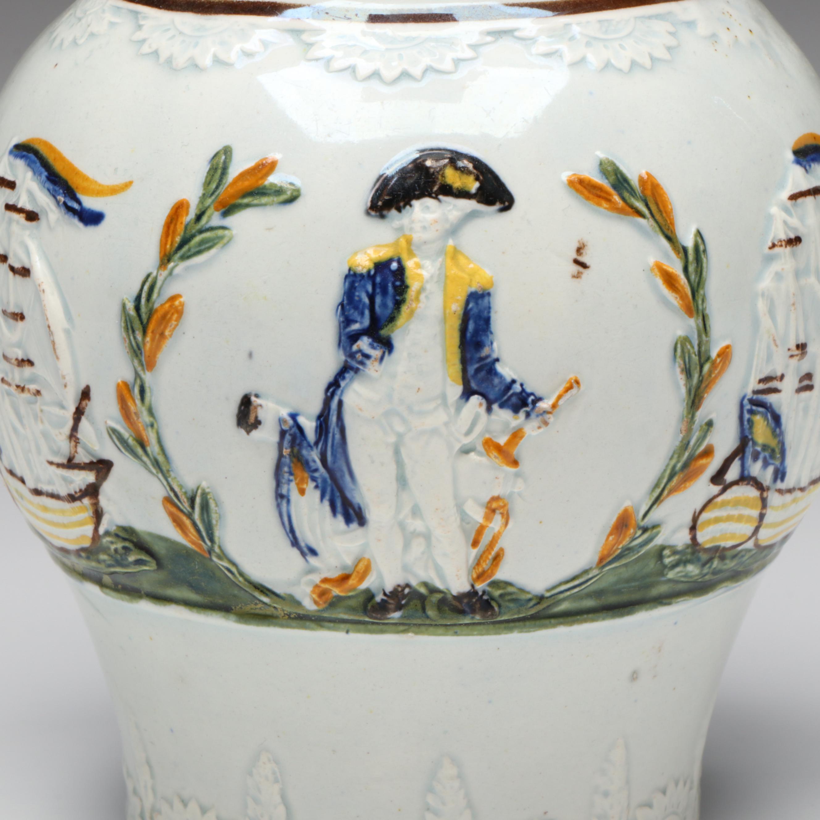 English Prattware Admiral Nelson and Ships Polychrome Ceramic Jug, 19th C.