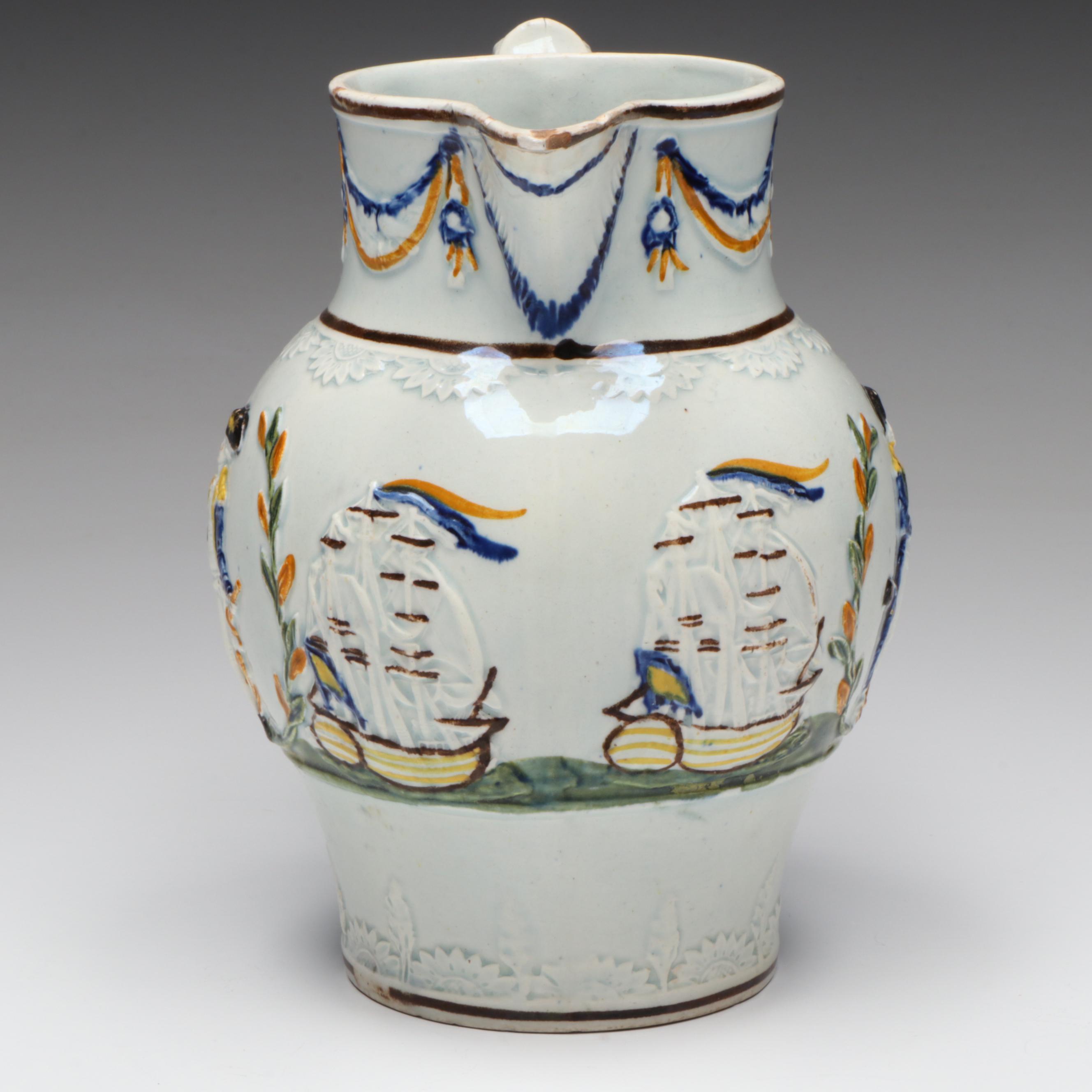 English Prattware Admiral Nelson and Ships Polychrome Ceramic Jug, 19th C.