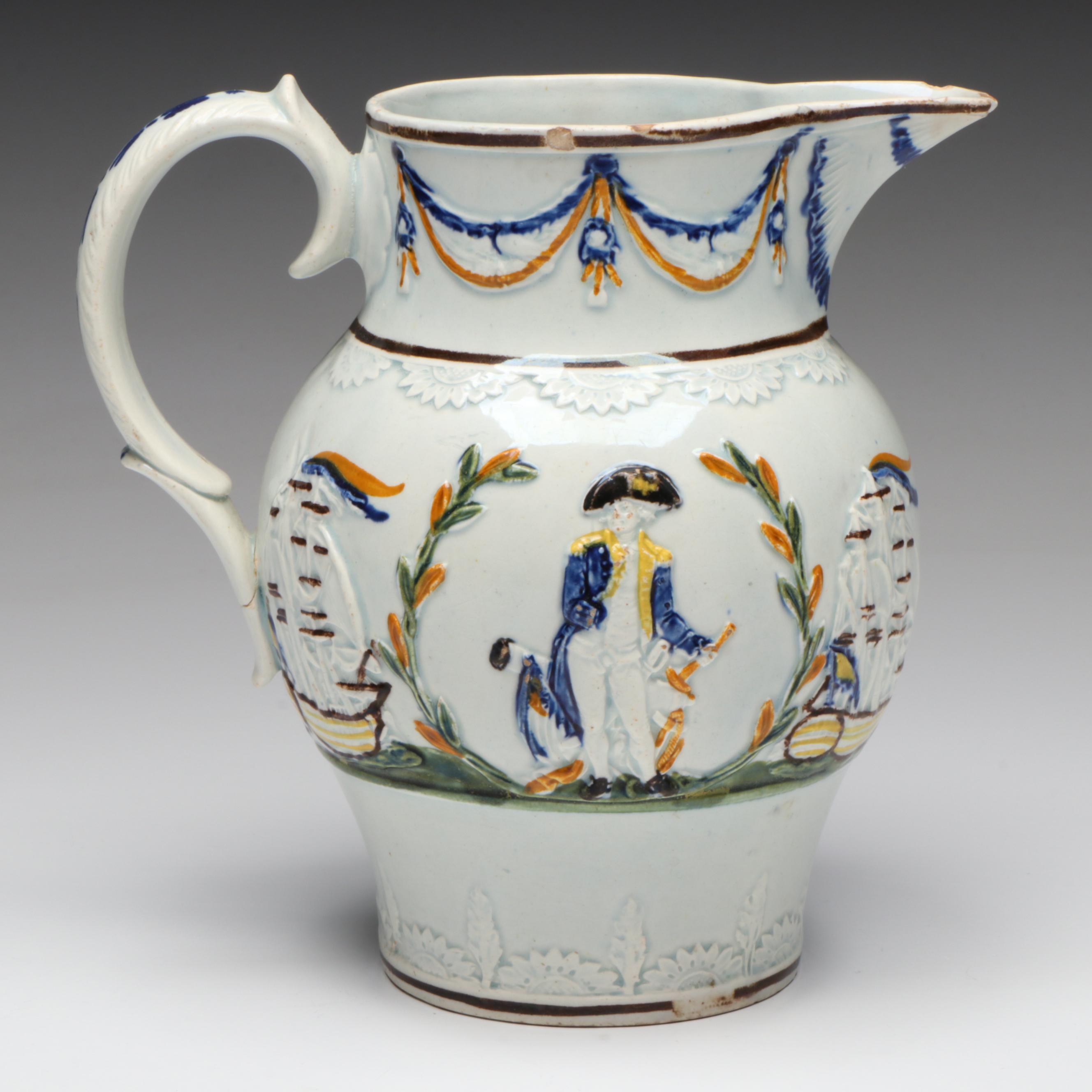 English Prattware Admiral Nelson and Ships Polychrome Ceramic Jug, 19th C.