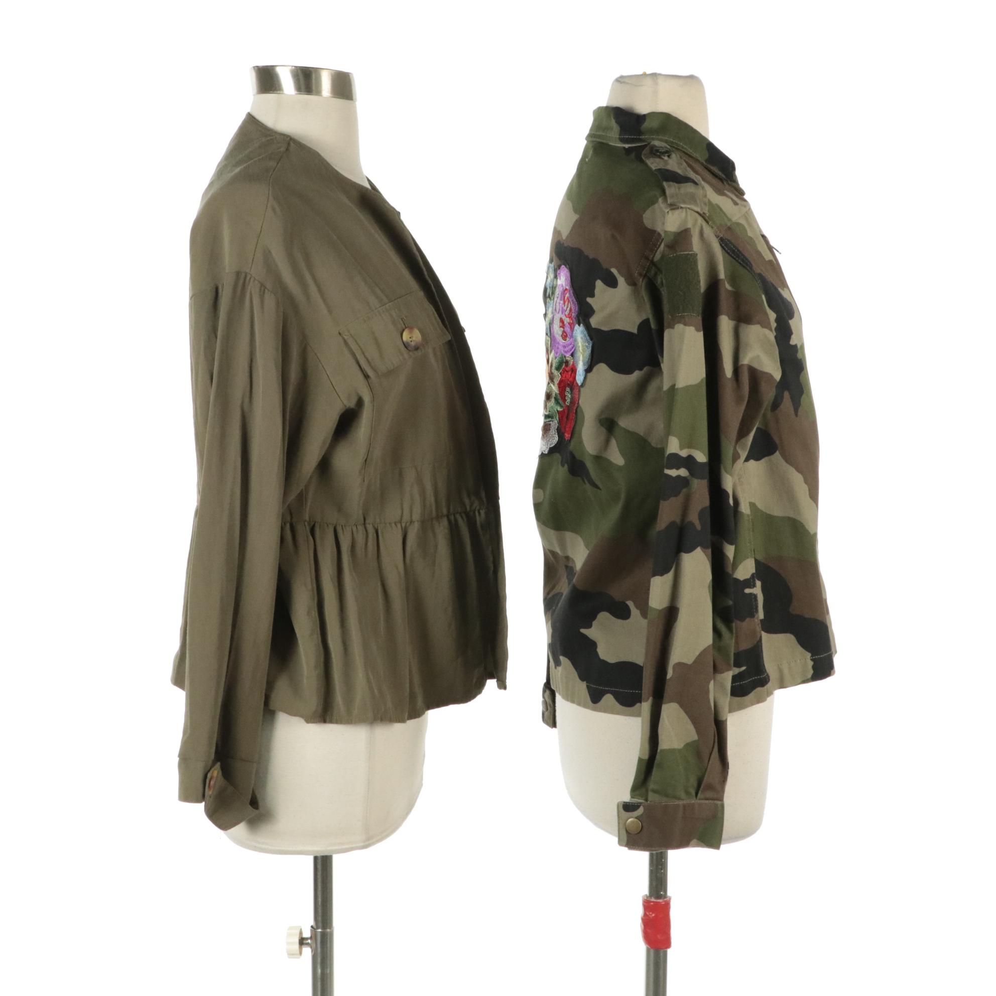Romeo + Juliet Embroidered Camo Jacket & Zara Olive Lightweight Peplum Jacket