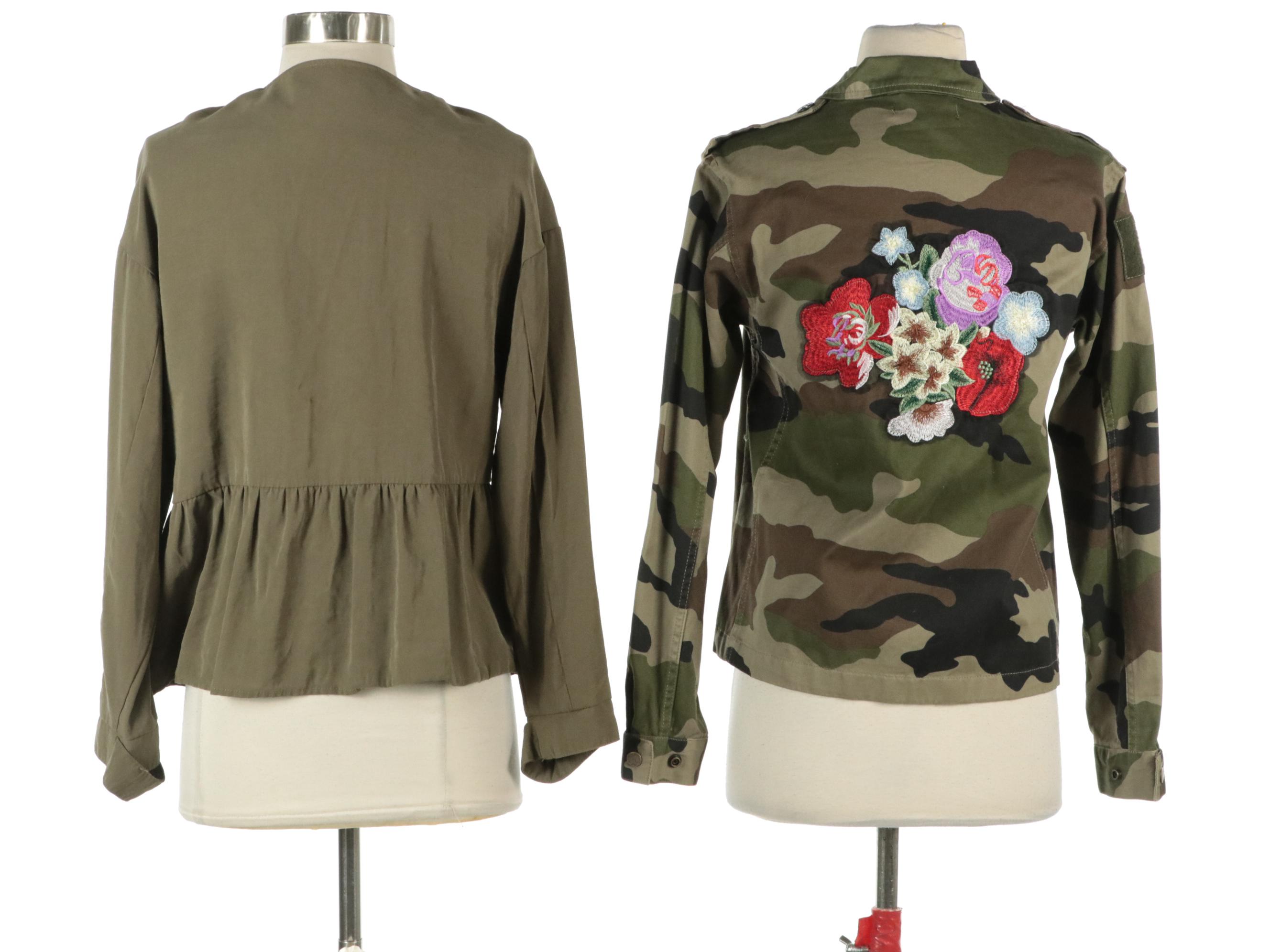 Romeo + Juliet Embroidered Camo Jacket & Zara Olive Lightweight Peplum Jacket