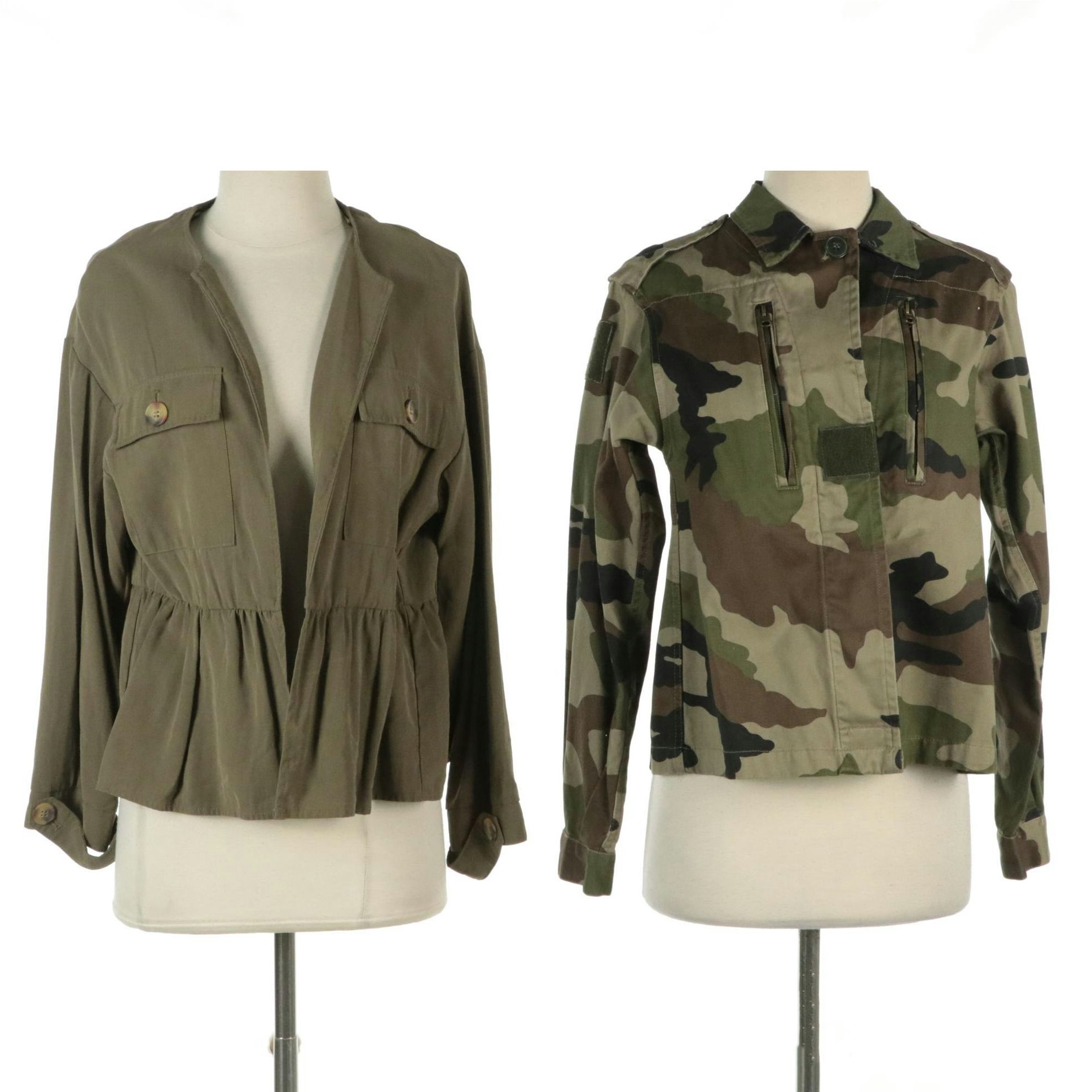 Romeo + Juliet Embroidered Camo Jacket & Zara Olive Lightweight Peplum Jacket