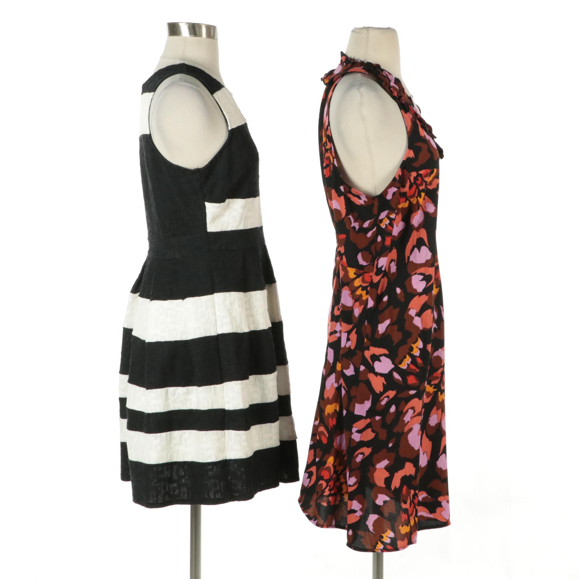 Cabi Floral Print Ruffled V-Neck Shift Dress and Miami B&W Pleated Flare Dress