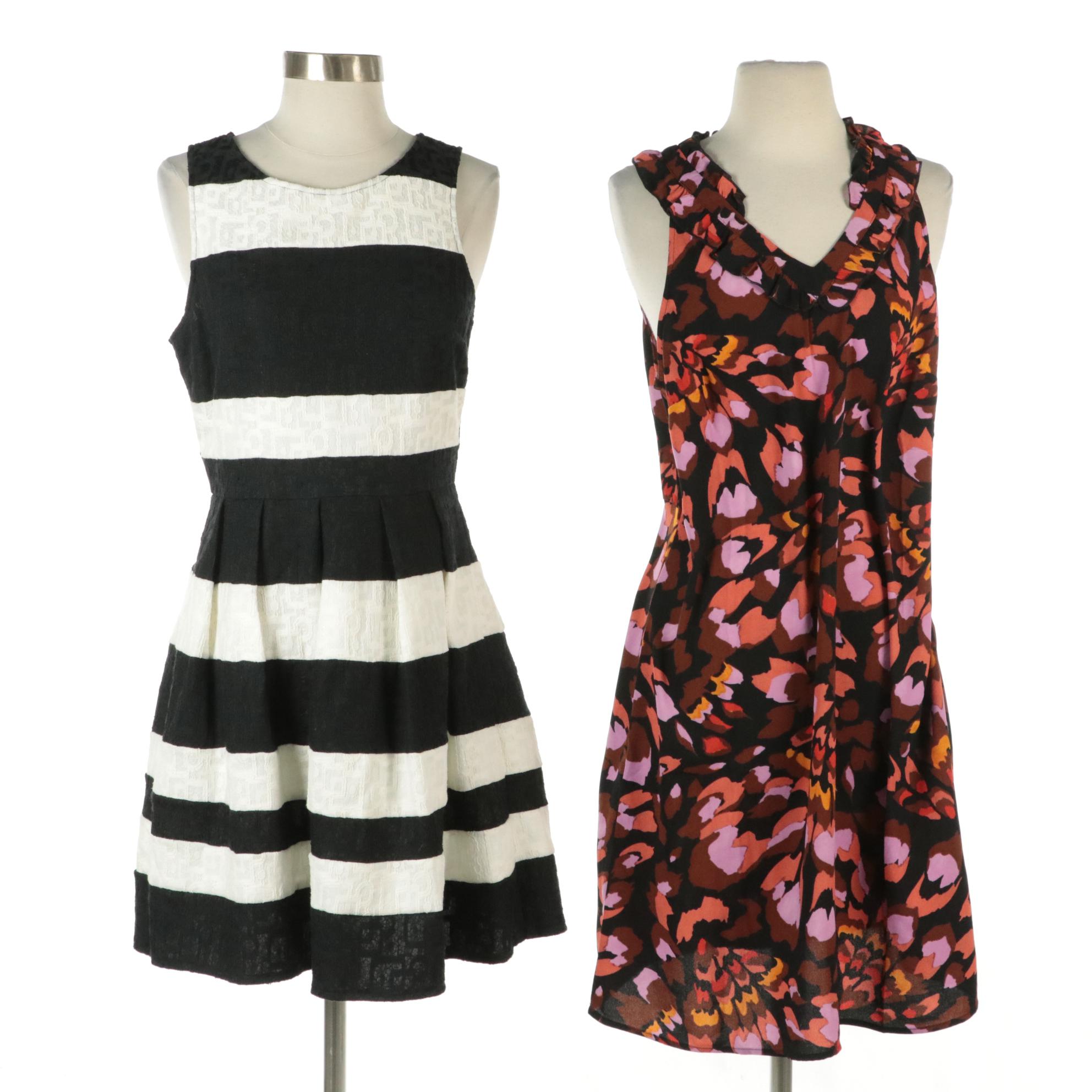 Cabi Floral Print Ruffled V-Neck Shift Dress and Miami B&W Pleated Flare Dress