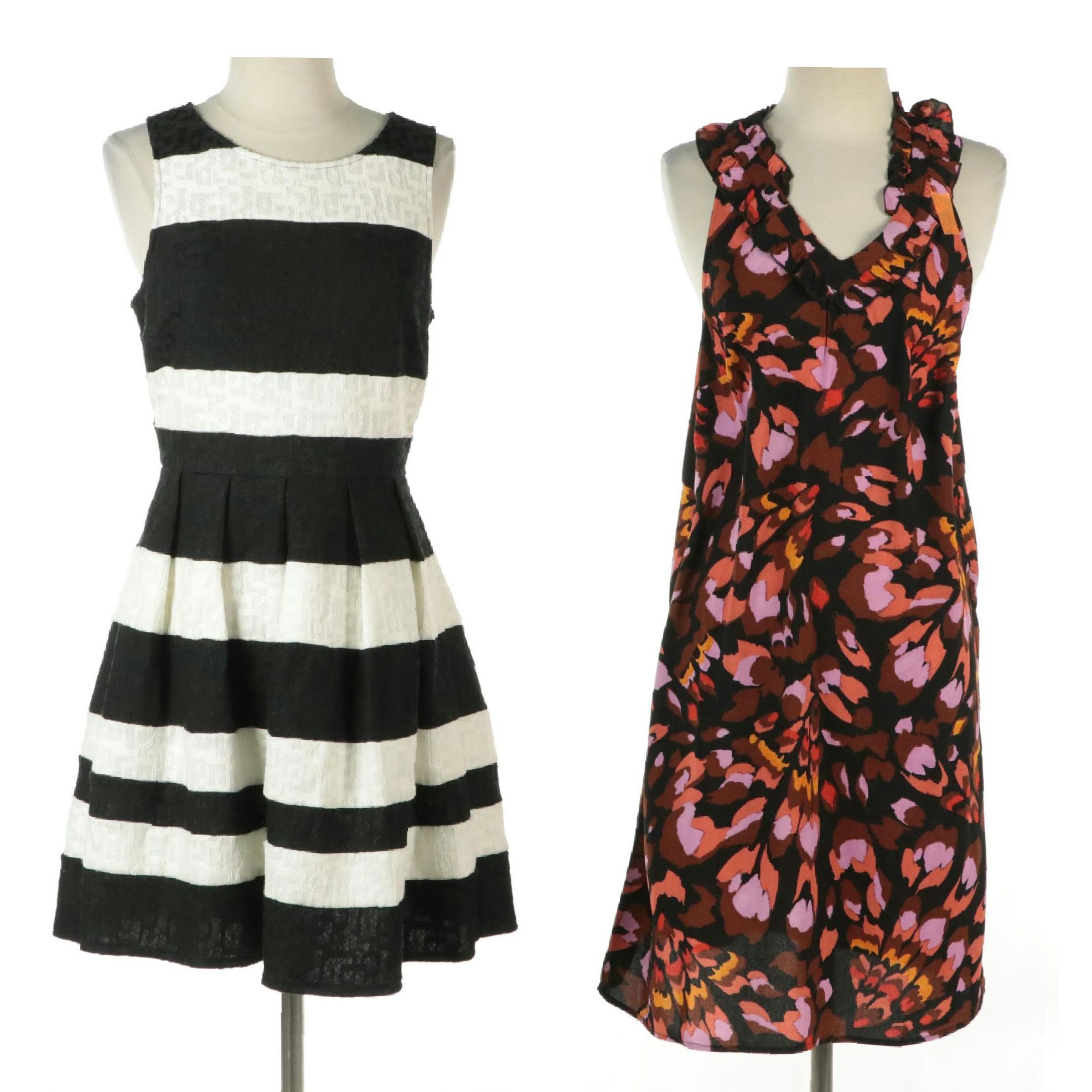 Cabi Floral Print Ruffled V-Neck Shift Dress and Miami B&W Pleated Flare Dress