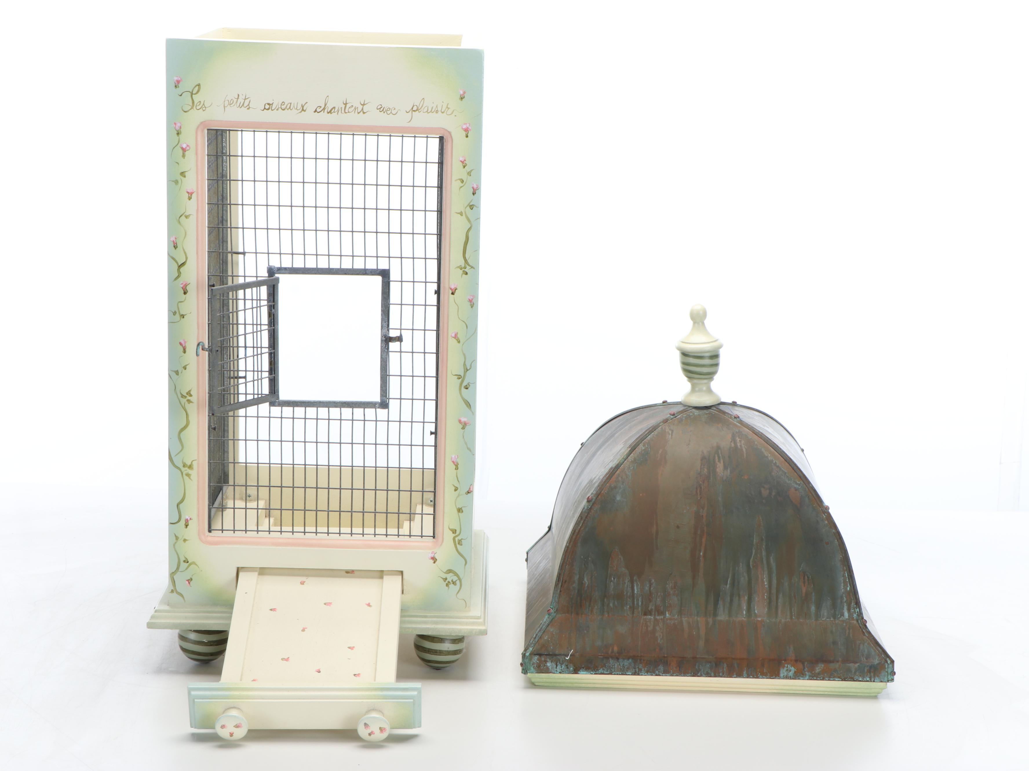 Metal Roofed Wooden Birdcage with Floral Motif