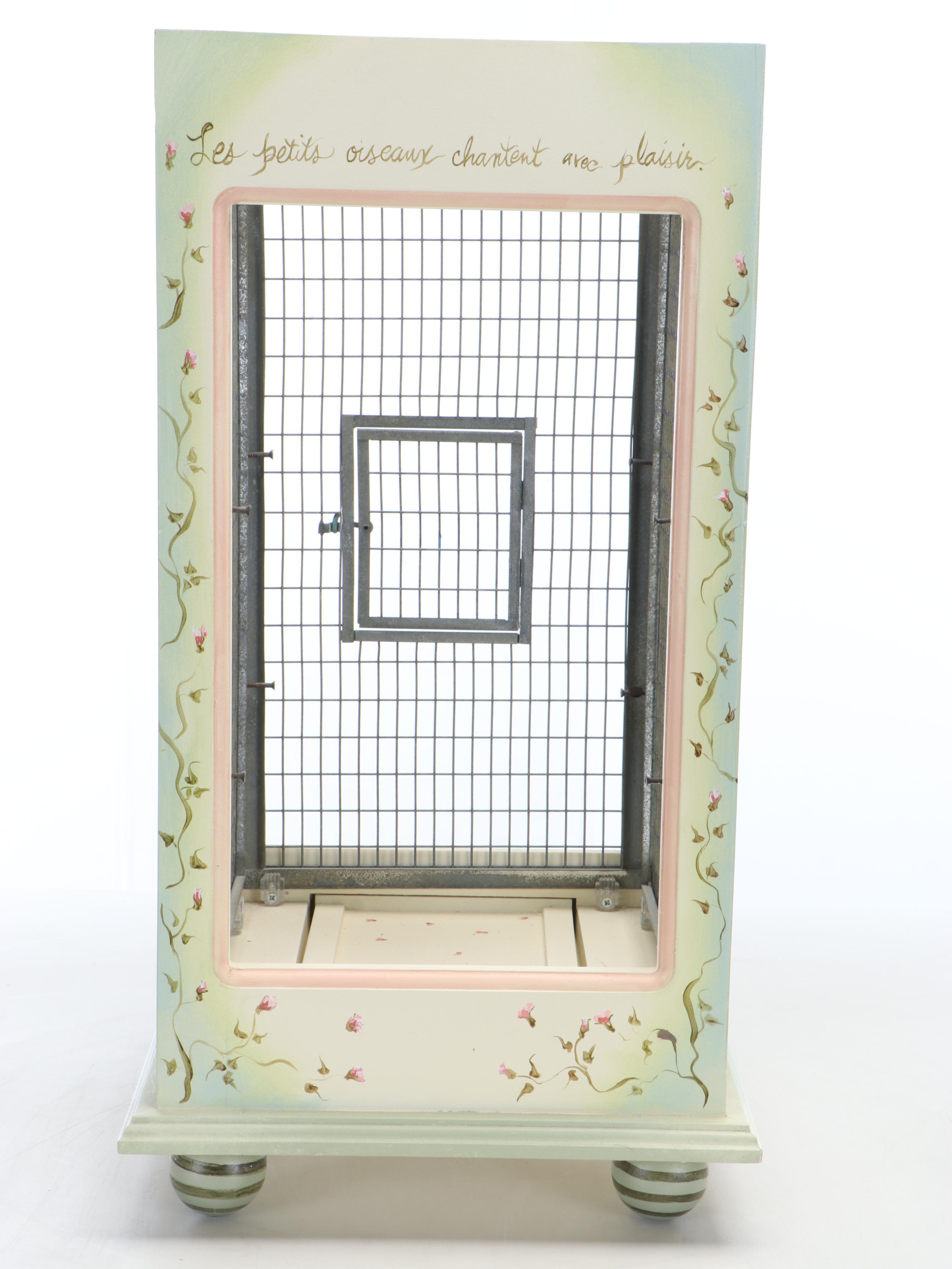 Metal Roofed Wooden Birdcage with Floral Motif