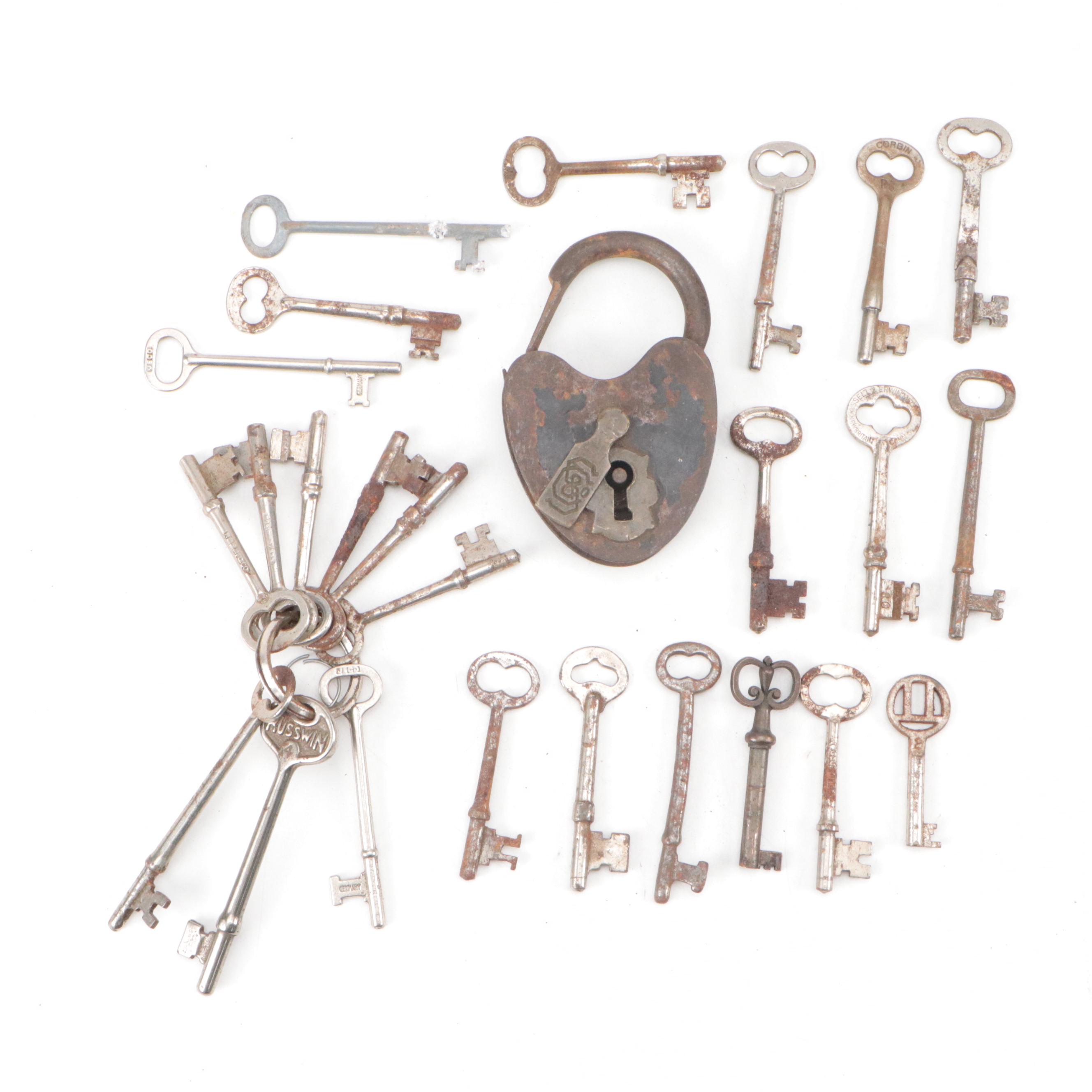 Russwin, German Jeco, Corbin and More Skeleton Keys with Antique Padlock