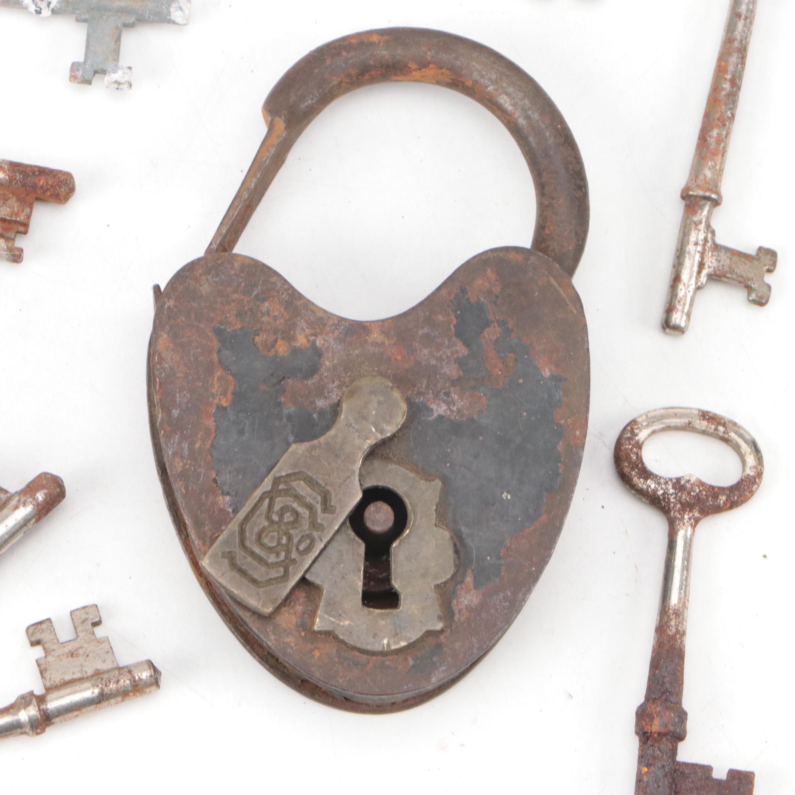 Russwin, German Jeco, Corbin and More Skeleton Keys with Antique Padlock