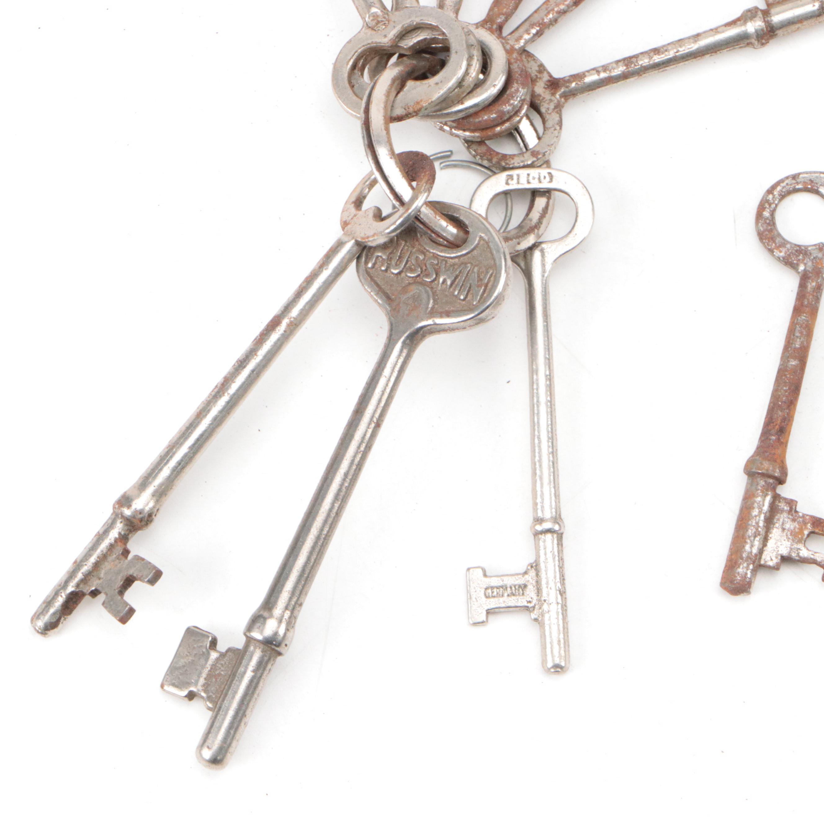 Russwin, German Jeco, Corbin and More Skeleton Keys with Antique Padlock