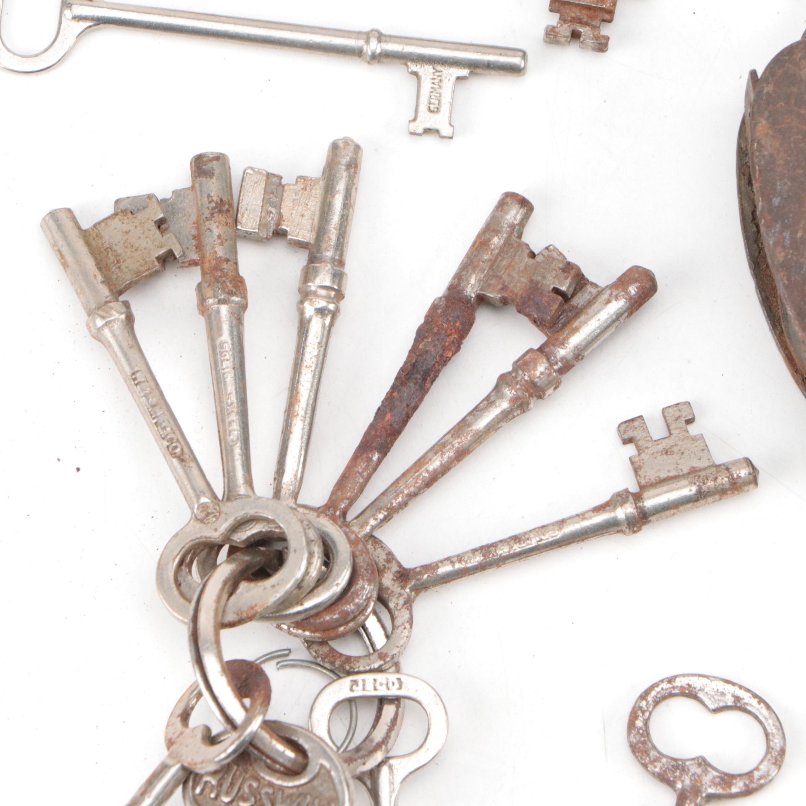 Russwin, German Jeco, Corbin and More Skeleton Keys with Antique Padlock