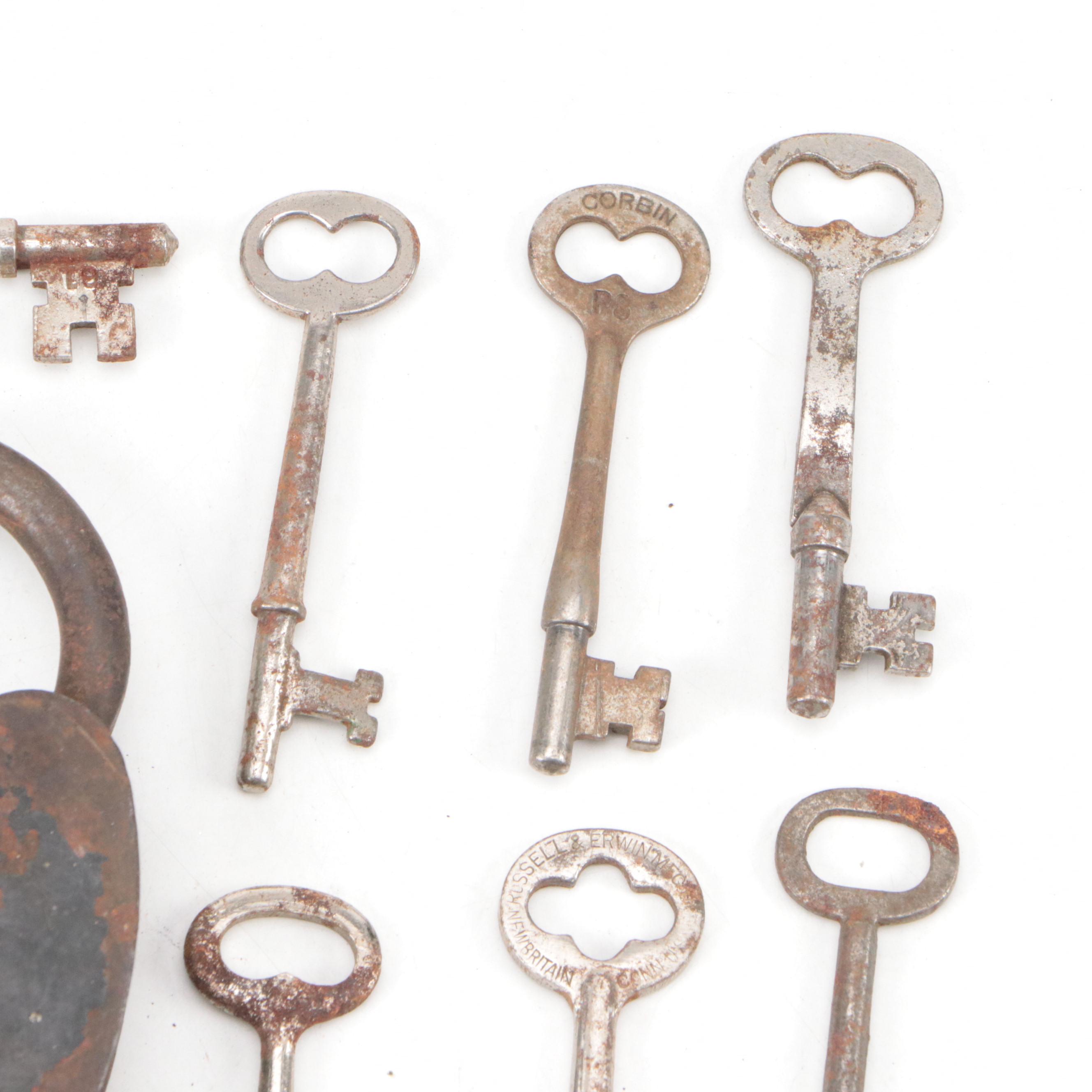 Russwin, German Jeco, Corbin and More Skeleton Keys with Antique Padlock