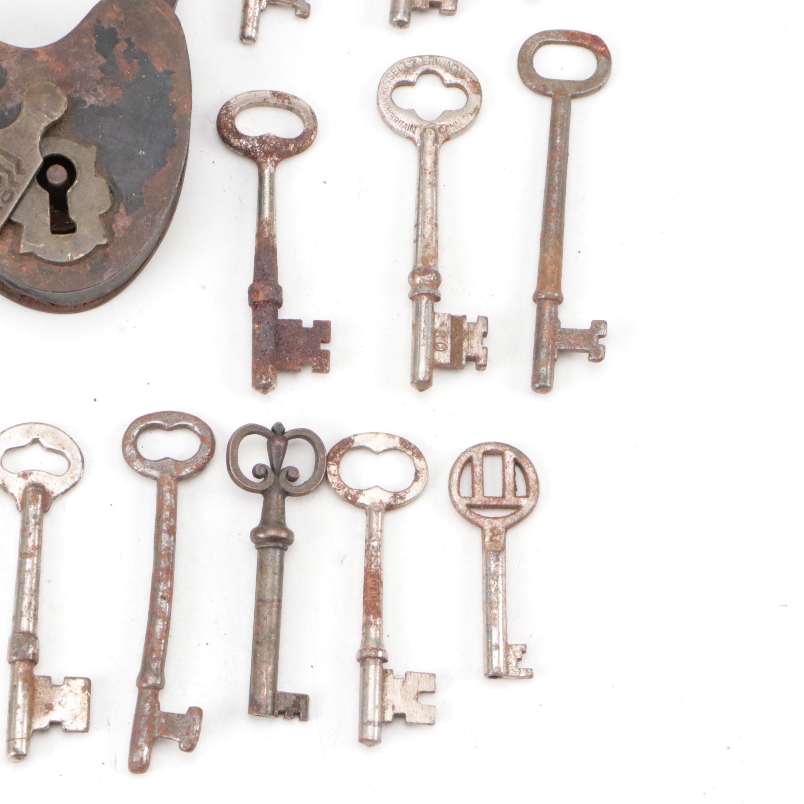 Russwin, German Jeco, Corbin and More Skeleton Keys with Antique Padlock