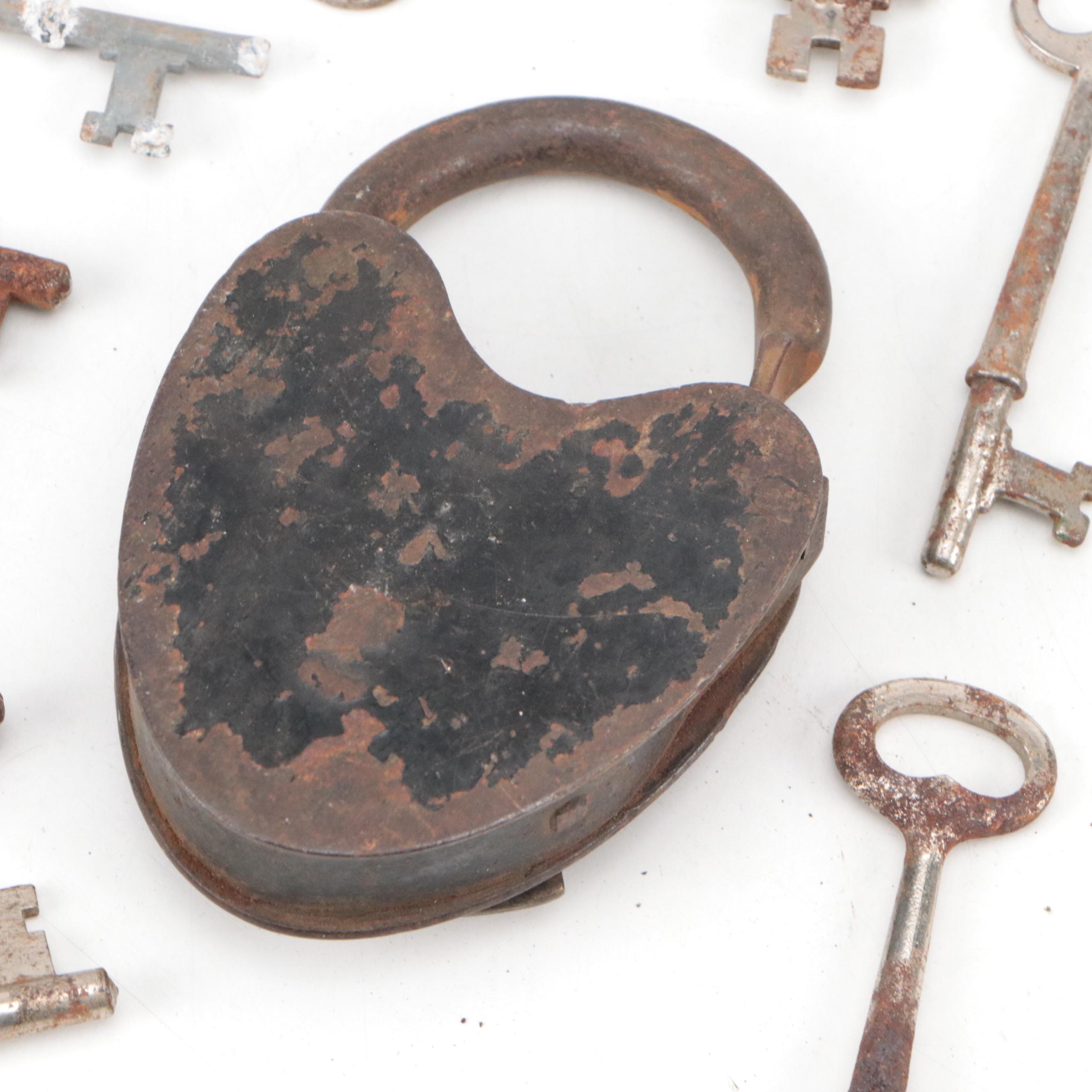 Russwin, German Jeco, Corbin and More Skeleton Keys with Antique Padlock