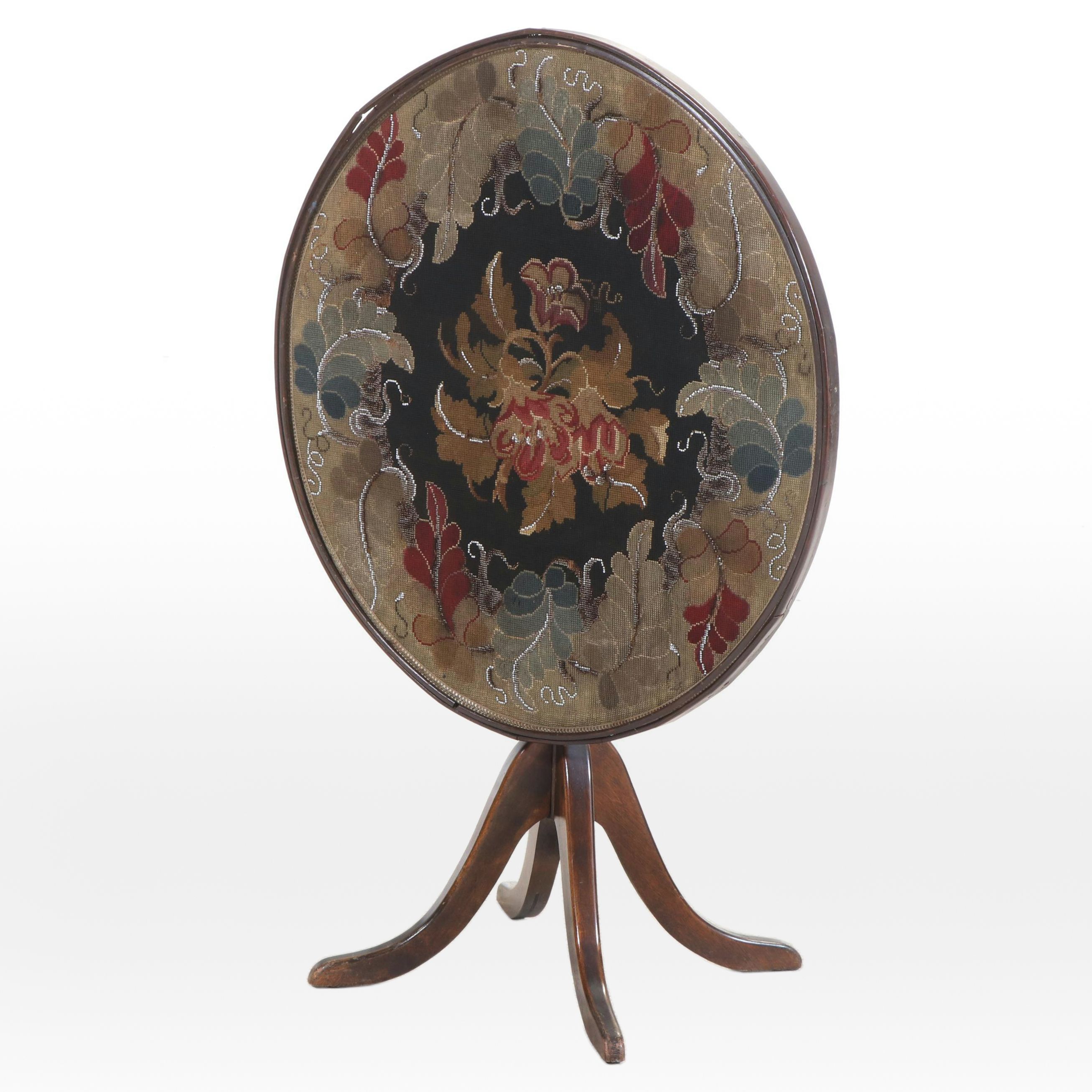 Birch Tilt-Top Table with Victorian Needlepoint and Beaded Panel