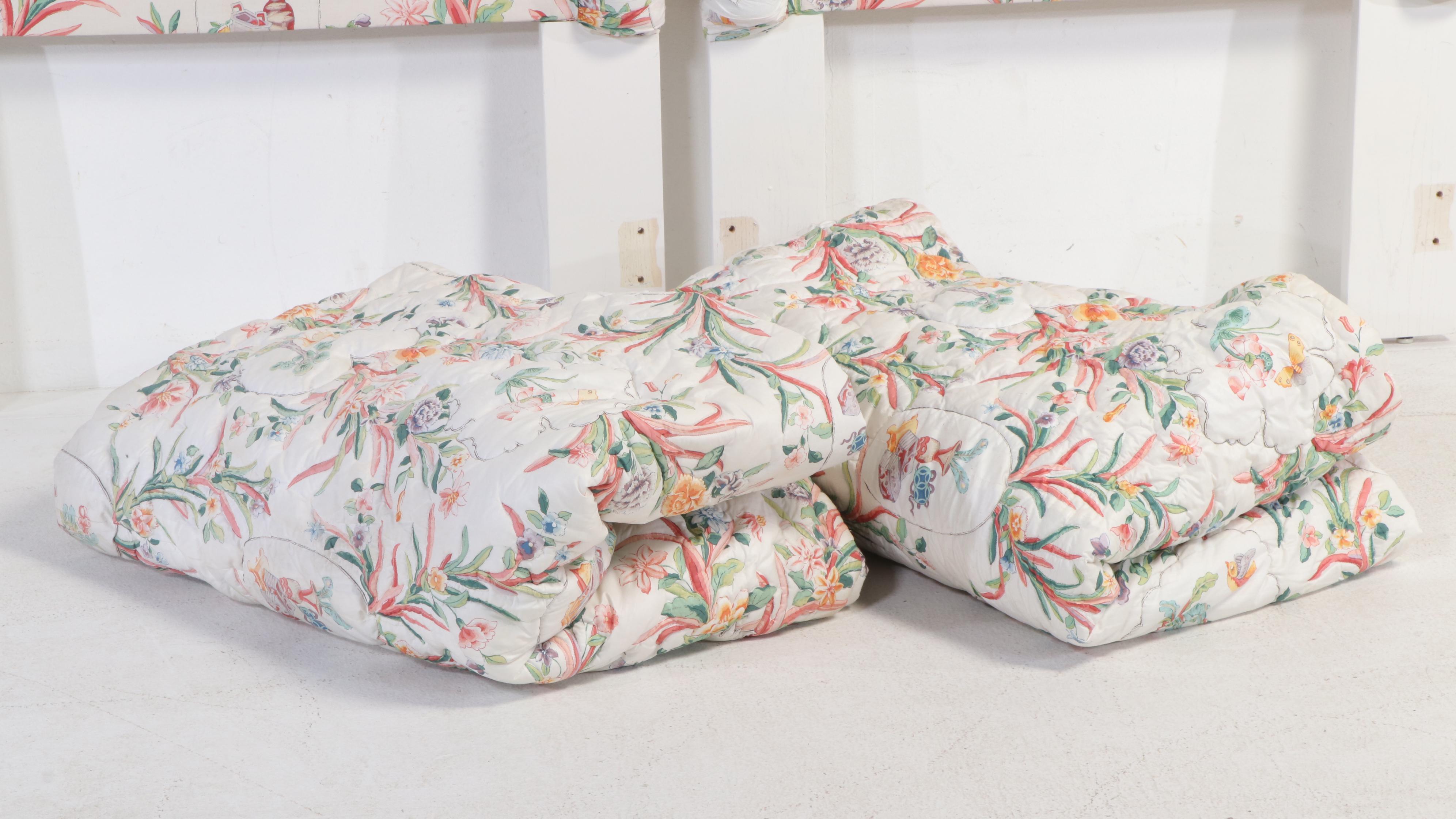 Chinoiserie Cotton Chintz Upholstered Twin Headboards with Matching Coverlets