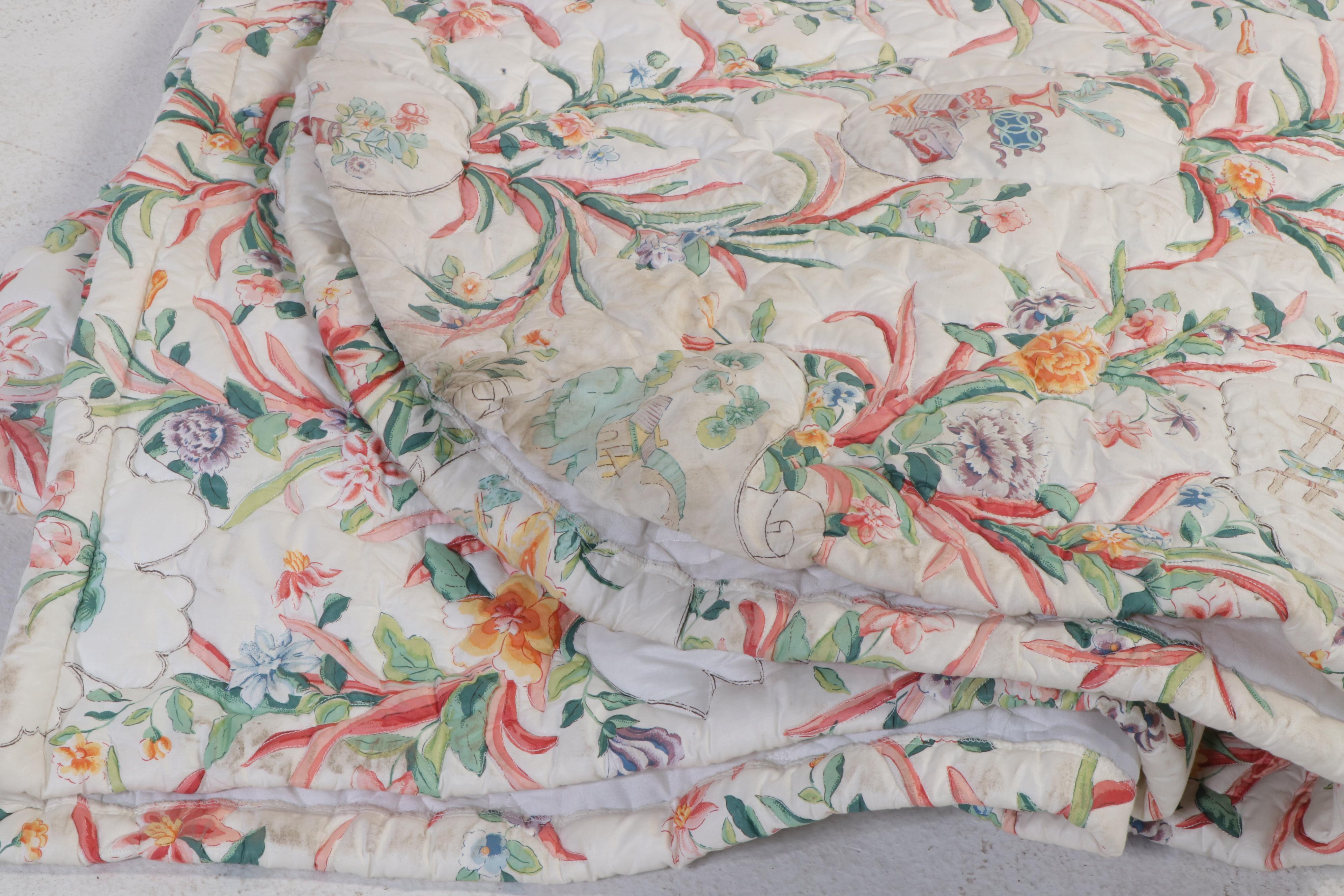 Chinoiserie Cotton Chintz Upholstered Twin Headboards with Matching Coverlets