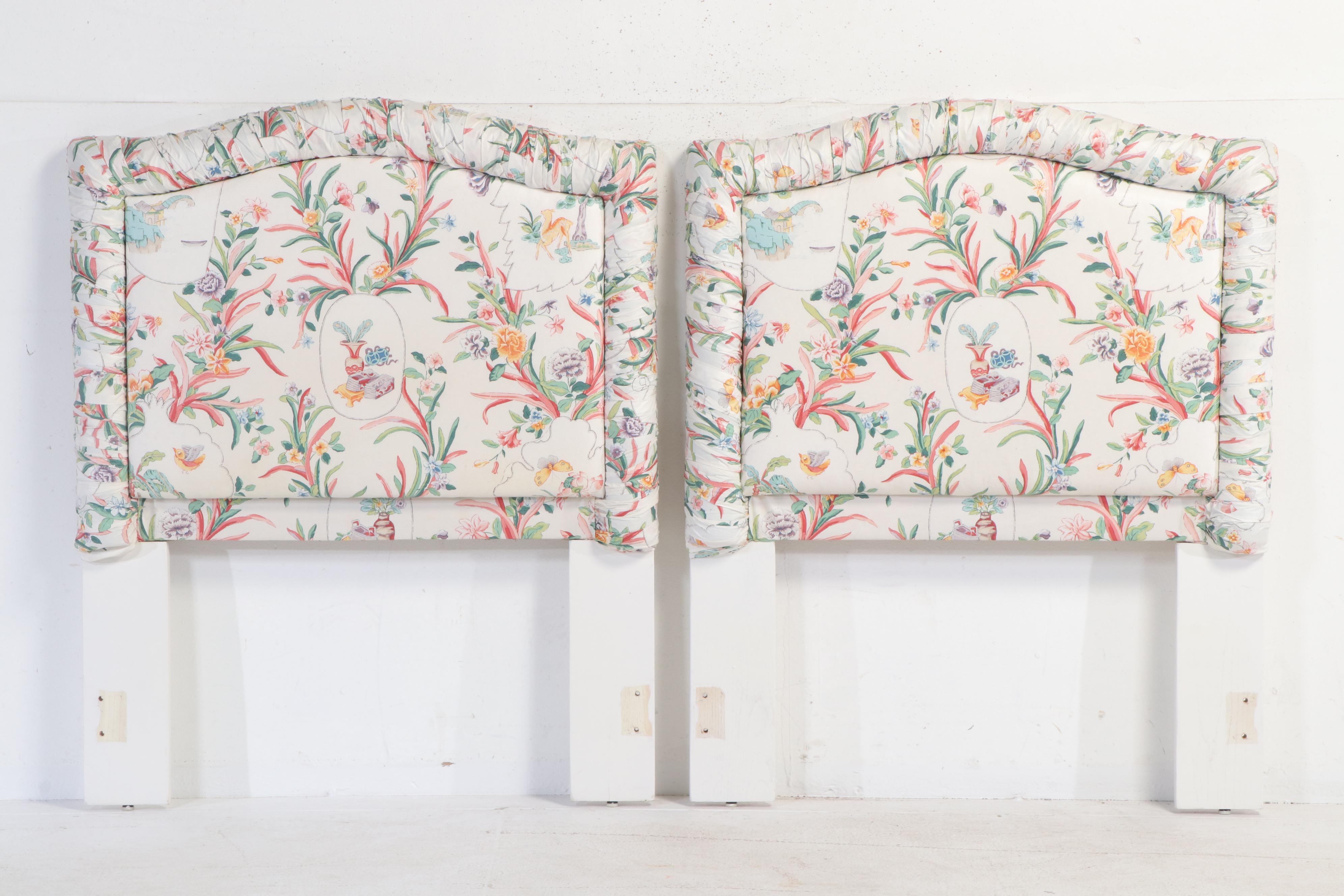 Chinoiserie Cotton Chintz Upholstered Twin Headboards with Matching Coverlets