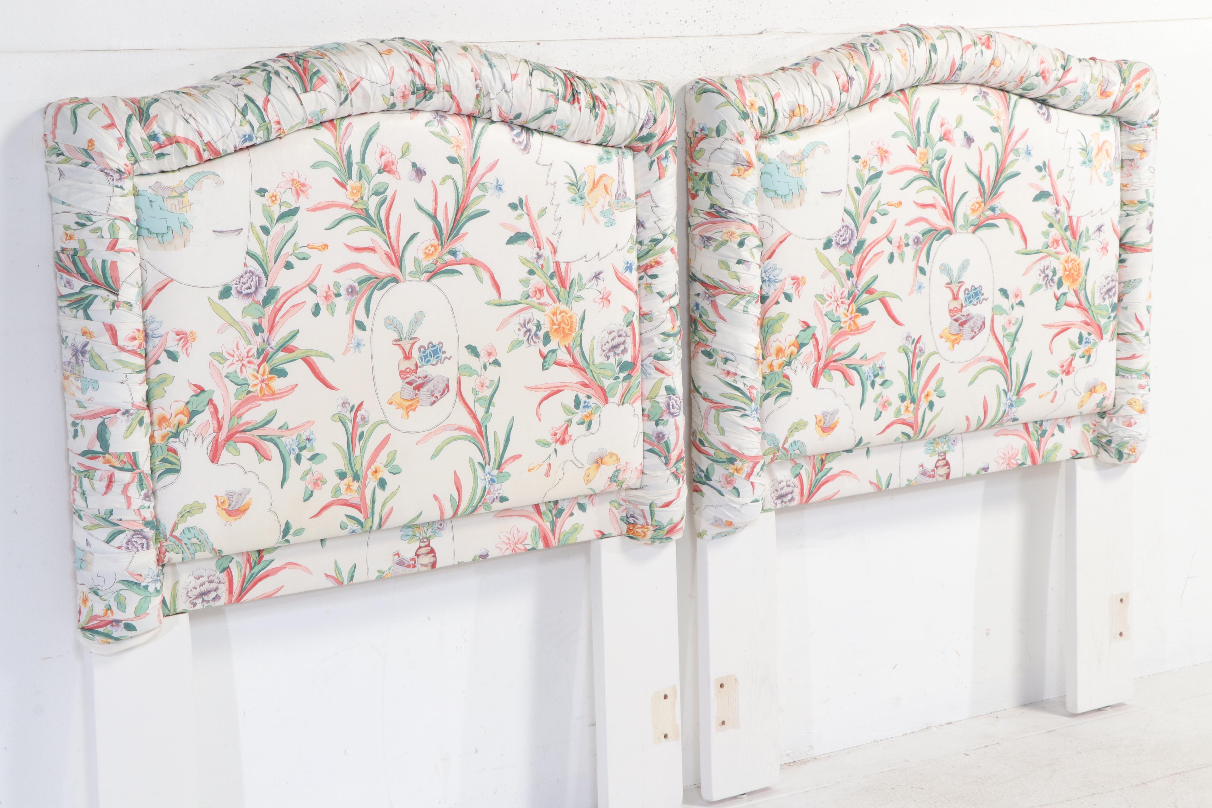 Chinoiserie Cotton Chintz Upholstered Twin Headboards with Matching Coverlets