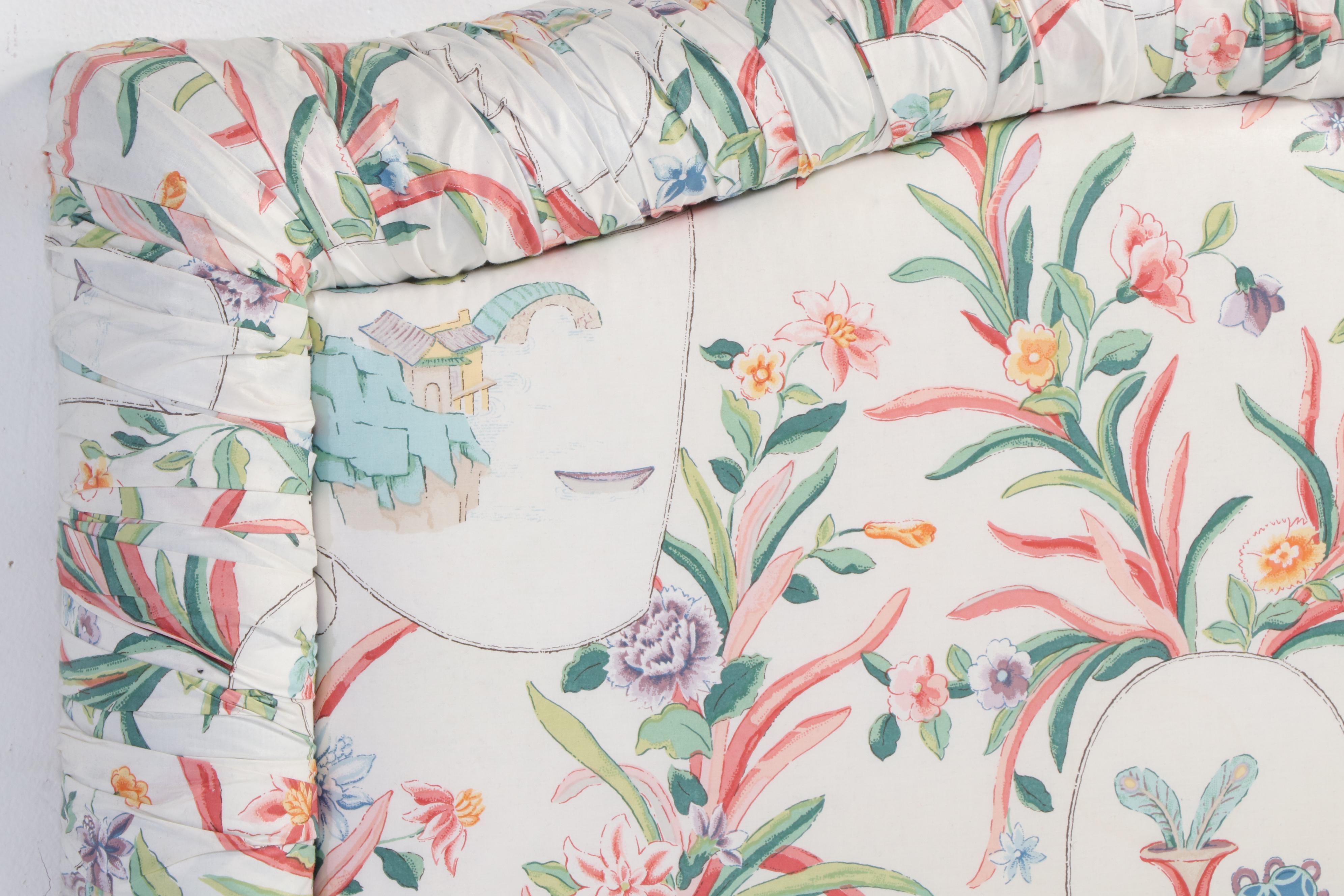 Chinoiserie Cotton Chintz Upholstered Twin Headboards with Matching Coverlets