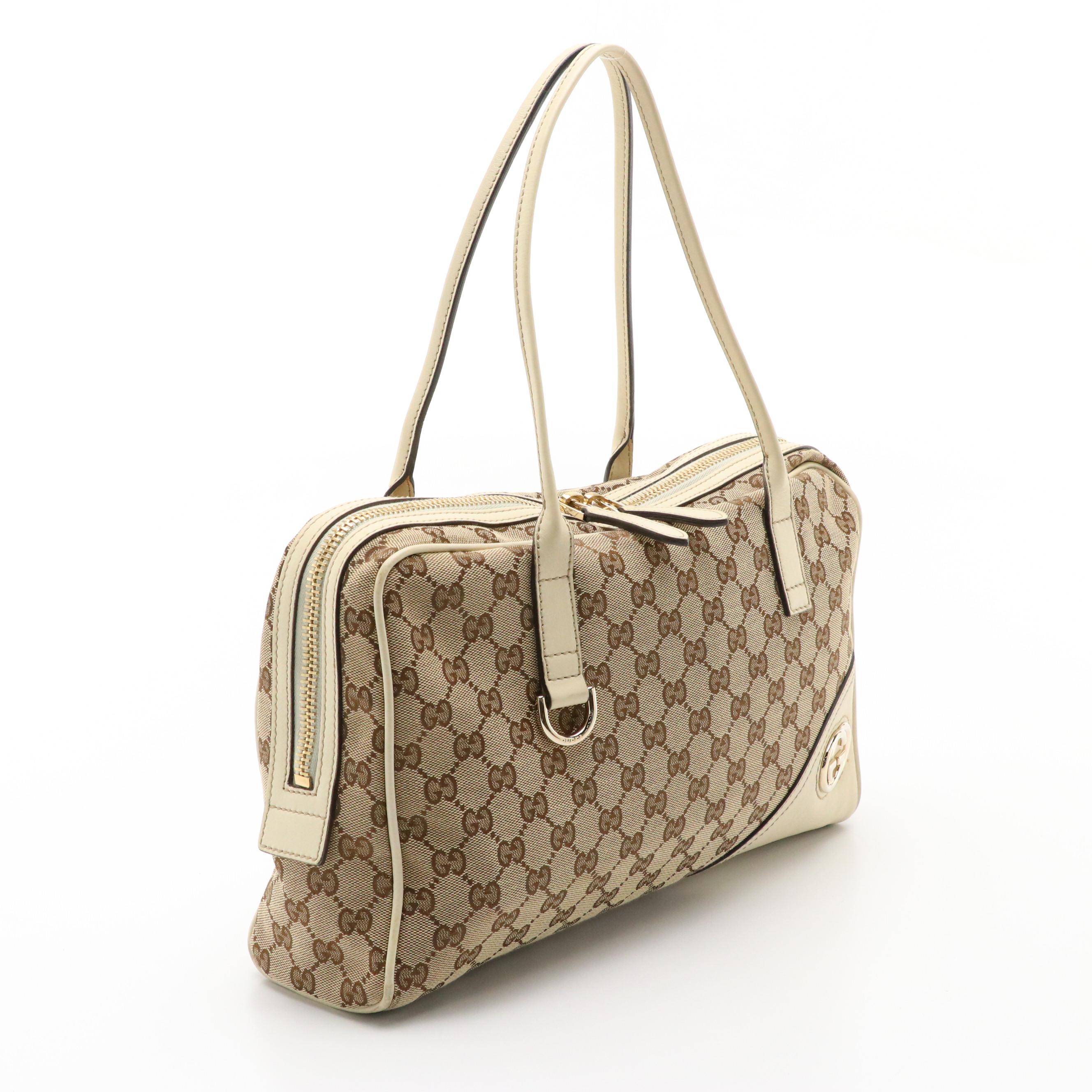 Gucci Britt Boston Shoulder Bag in GG Canvas and White Leather