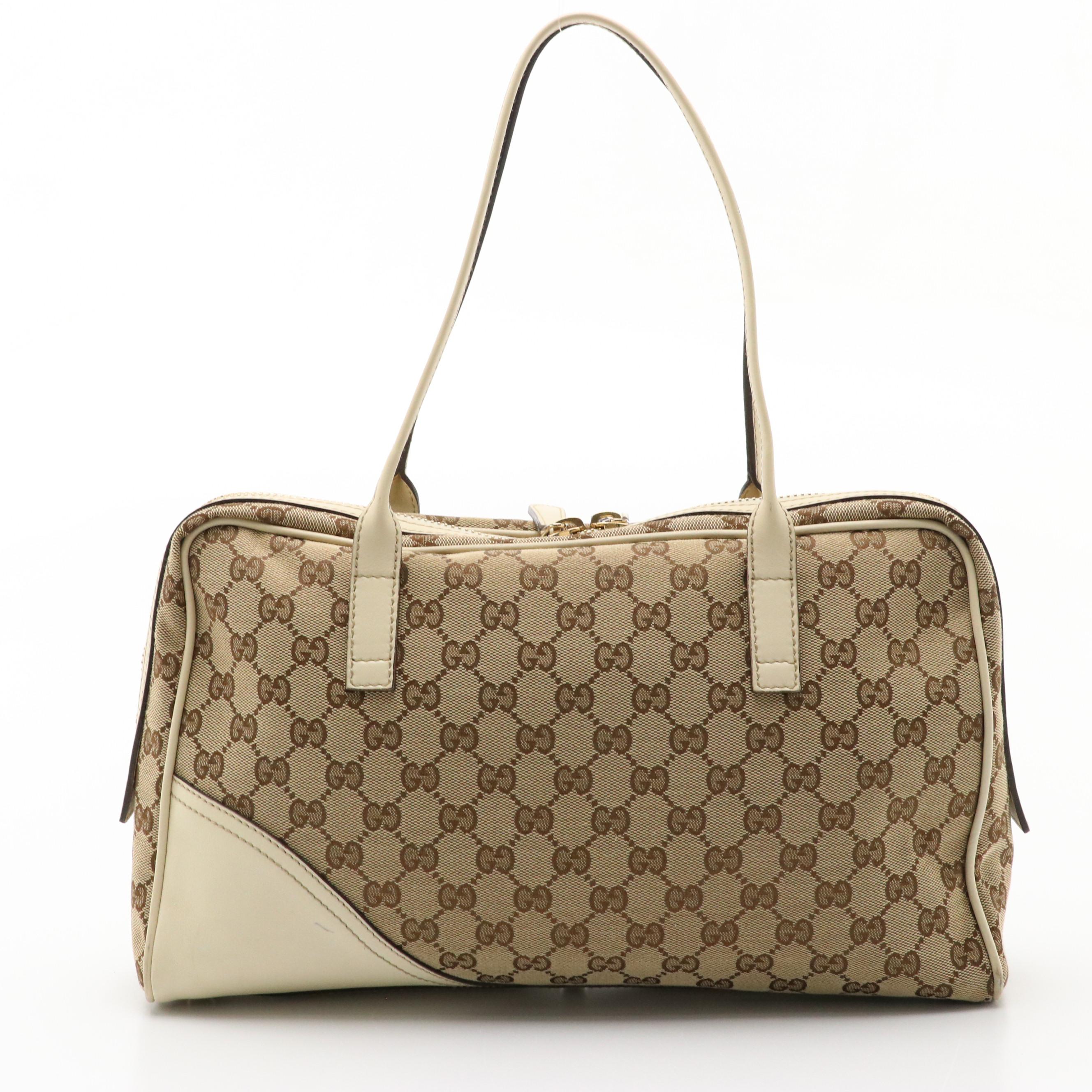 Gucci Britt Boston Shoulder Bag in GG Canvas and White Leather