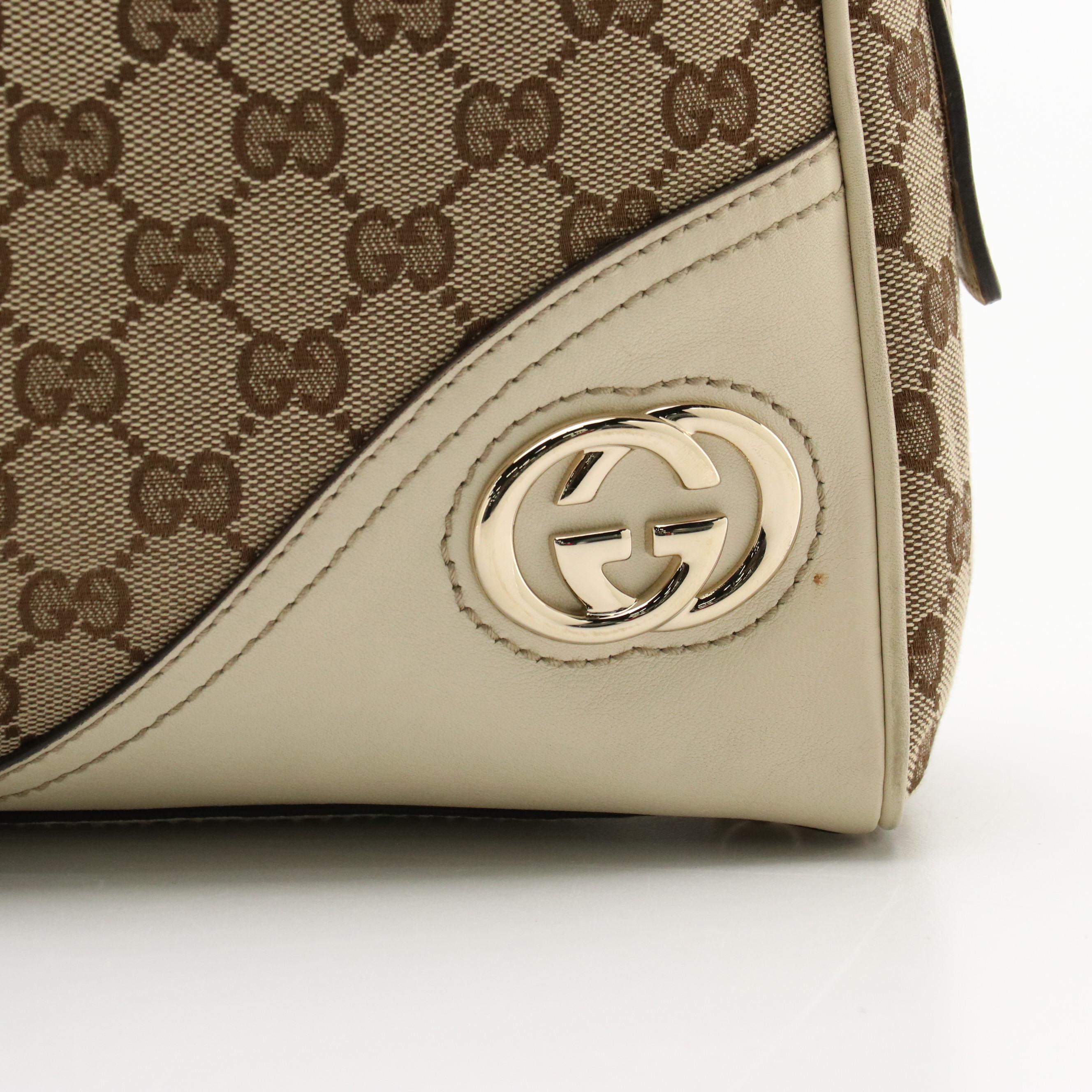 Gucci Britt Boston Shoulder Bag in GG Canvas and White Leather